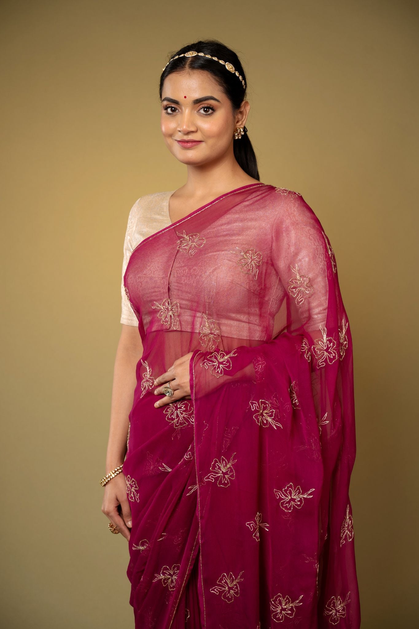 wine viscose chiffon kardana motif handwork casual wear saree