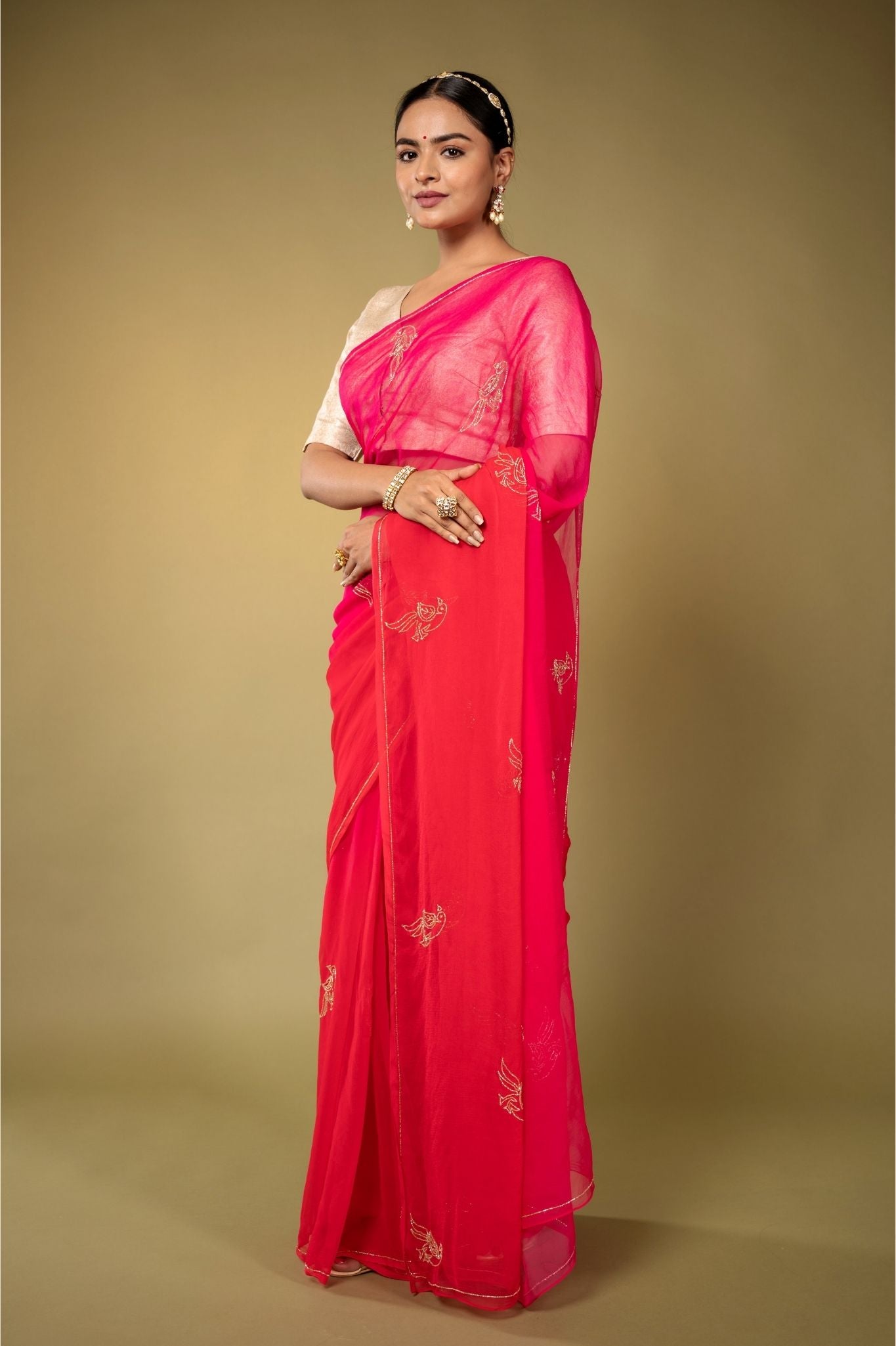 Fussia Pink viscose chiffon kardana motif handwork casual wear saree
