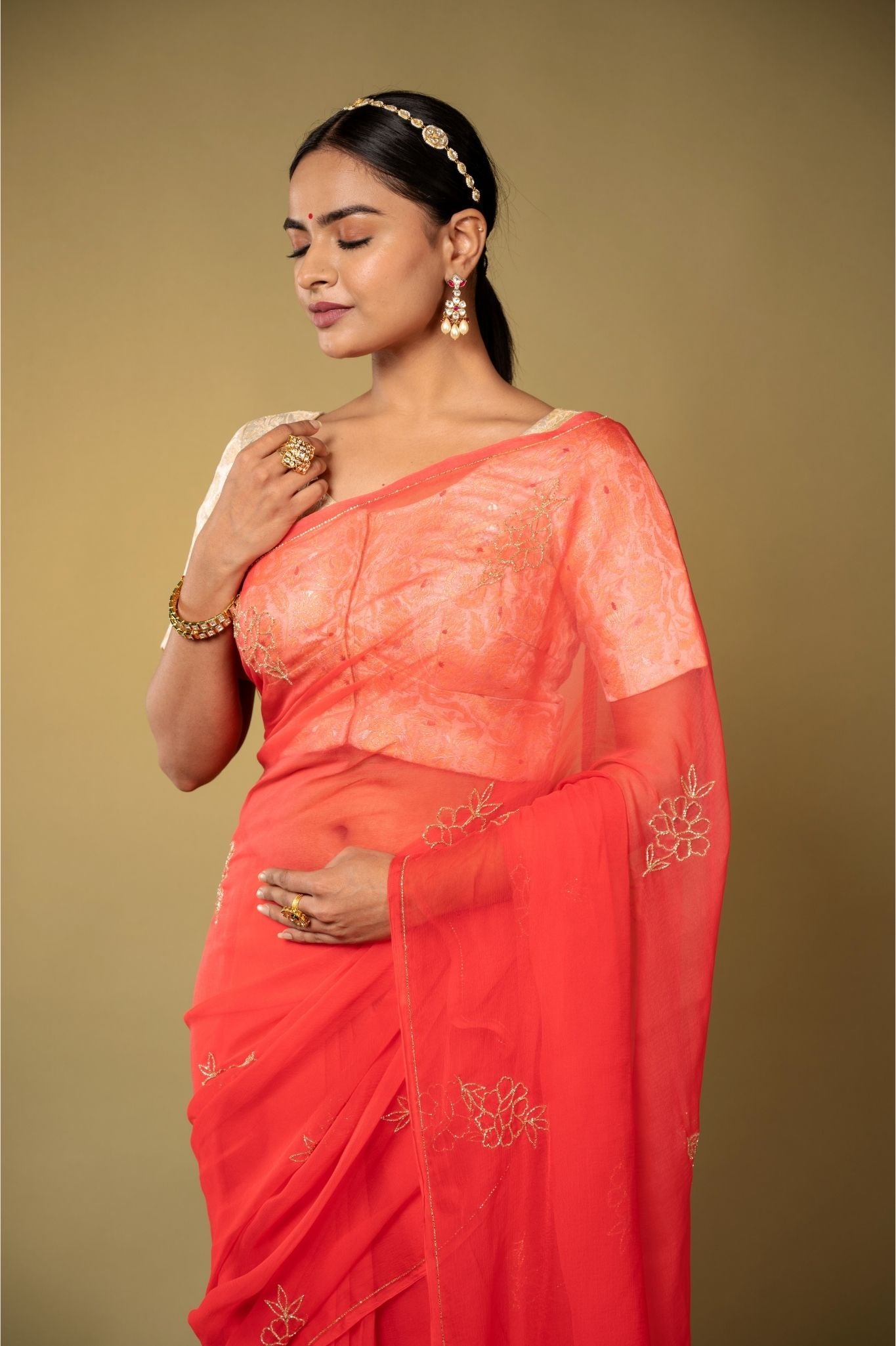 gajri viscose chiffon kardana motif handwork casual wear saree