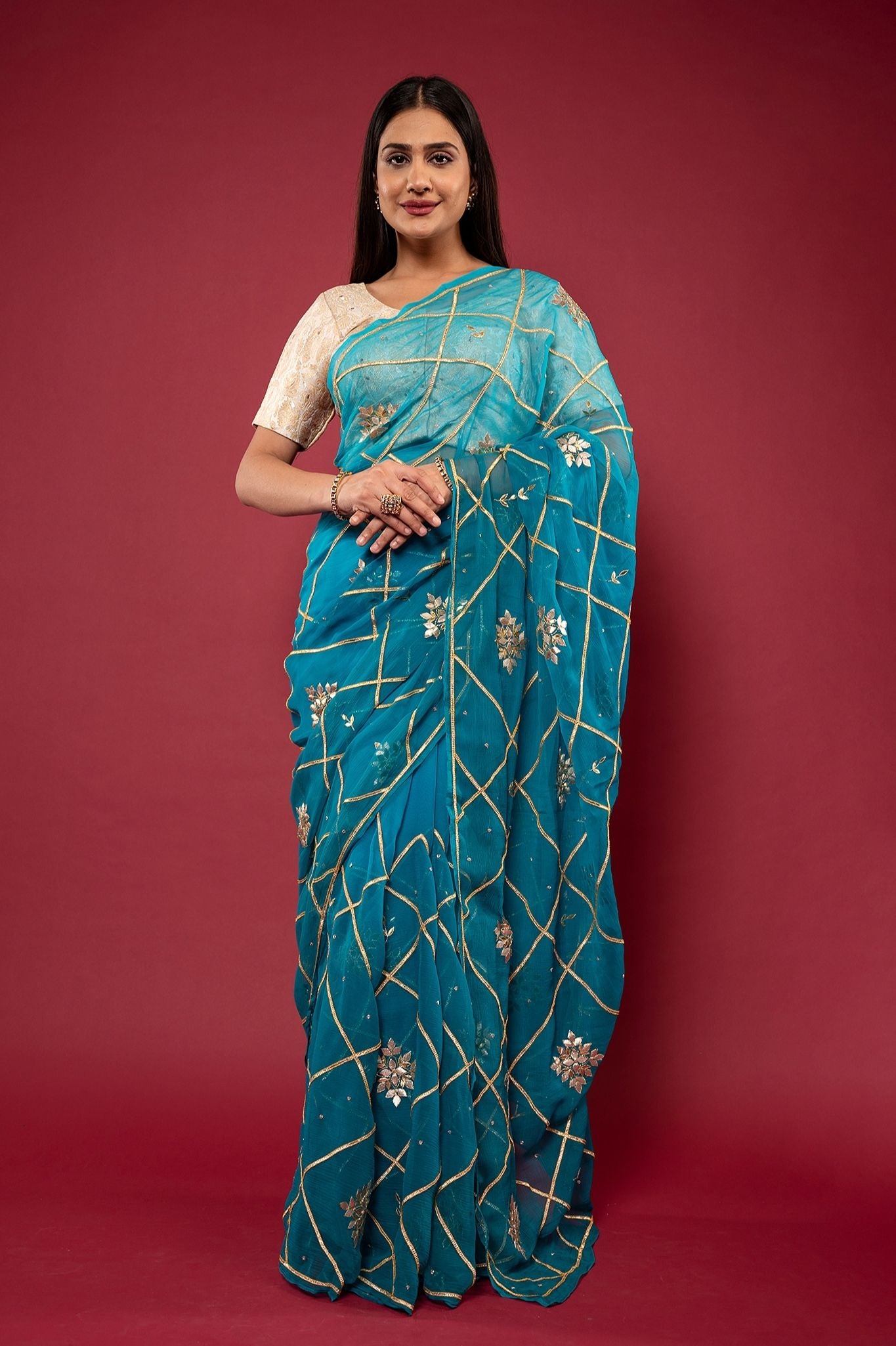 Rama light dark Viscose Chiffon Sikhiya gota mohri pati handwork party wear saree