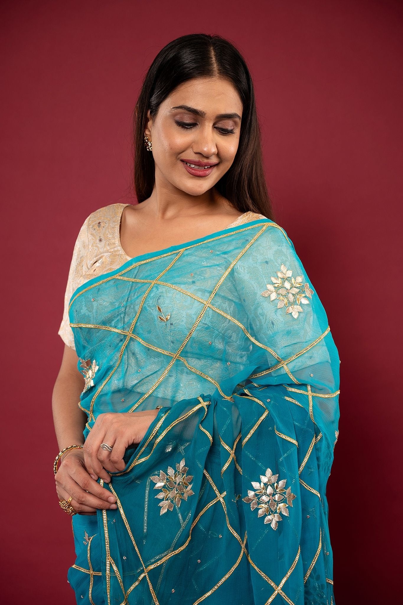 Rama light dark Viscose Chiffon Sikhiya gota mohri pati handwork party wear saree