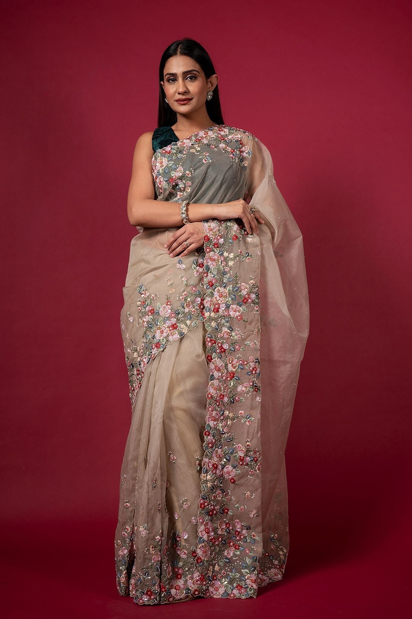 Sand organza pearl sequins kardana resham handwork saree