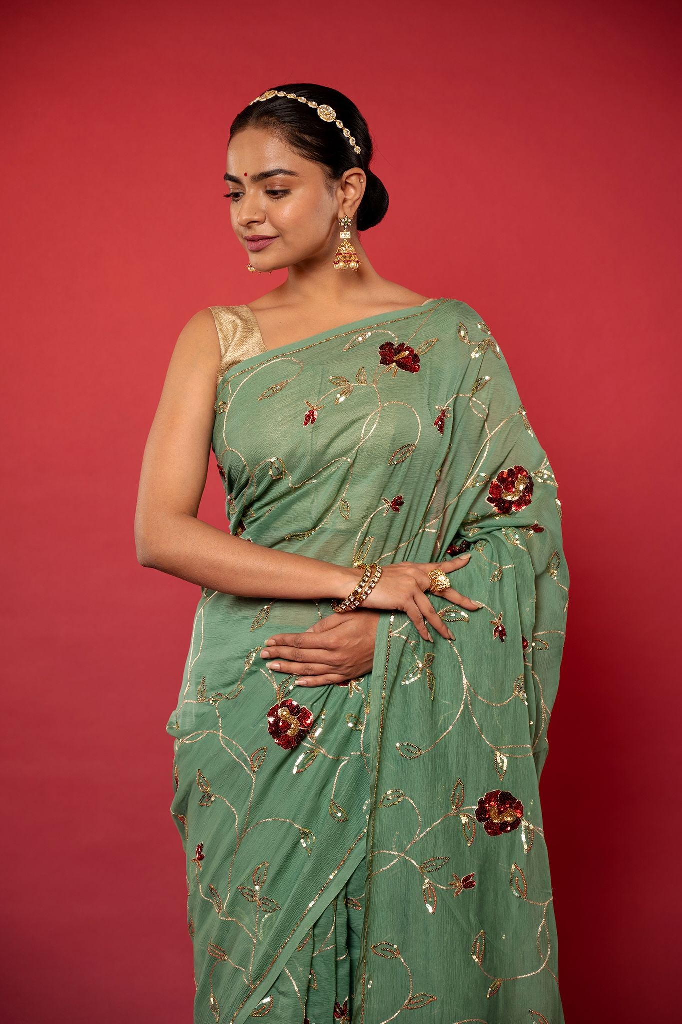 Oilve pure chiffon sequins jaal handwork saree