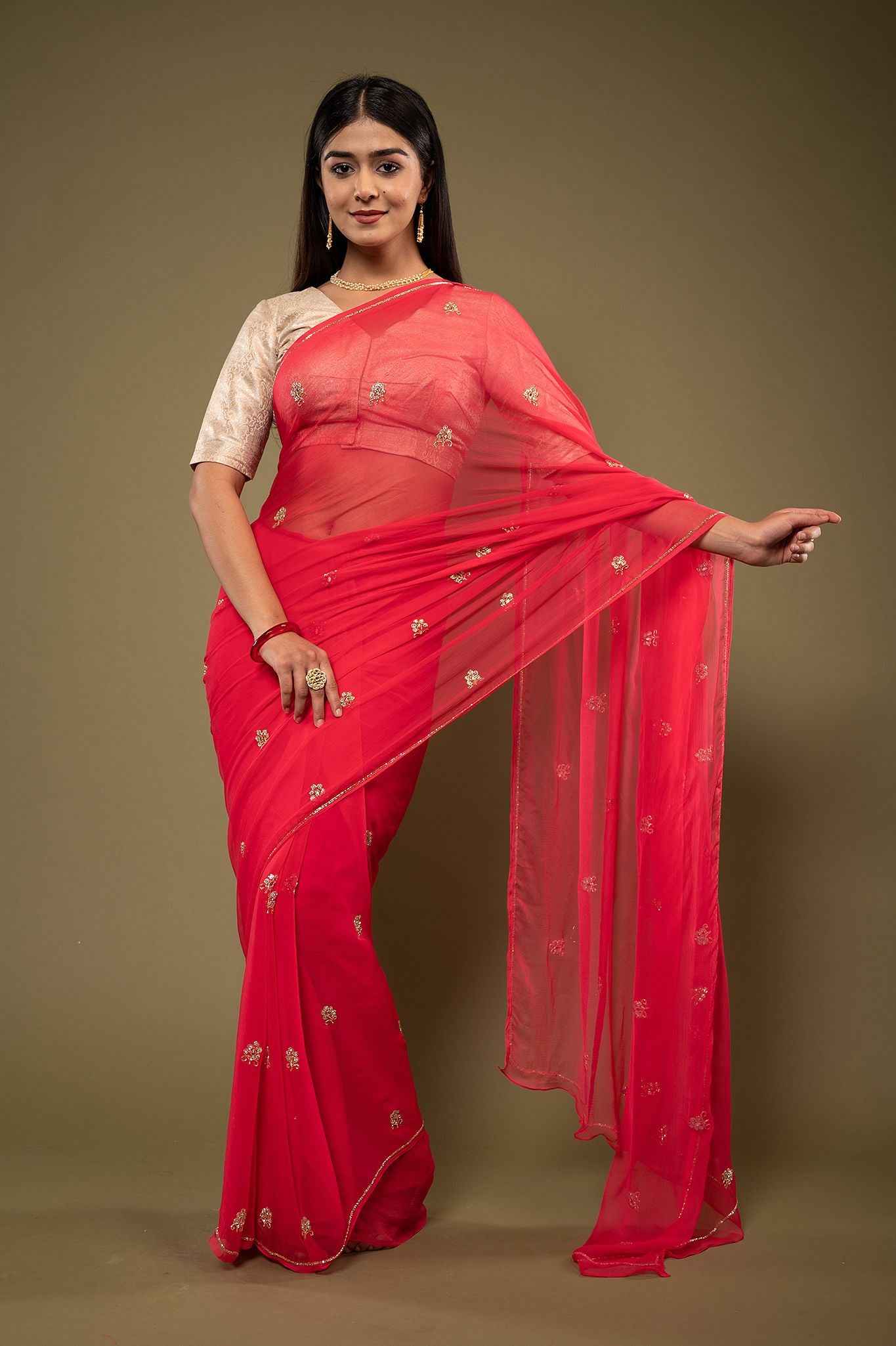 Red viscose chiffon kardana kundan motif handwork casual wear saree