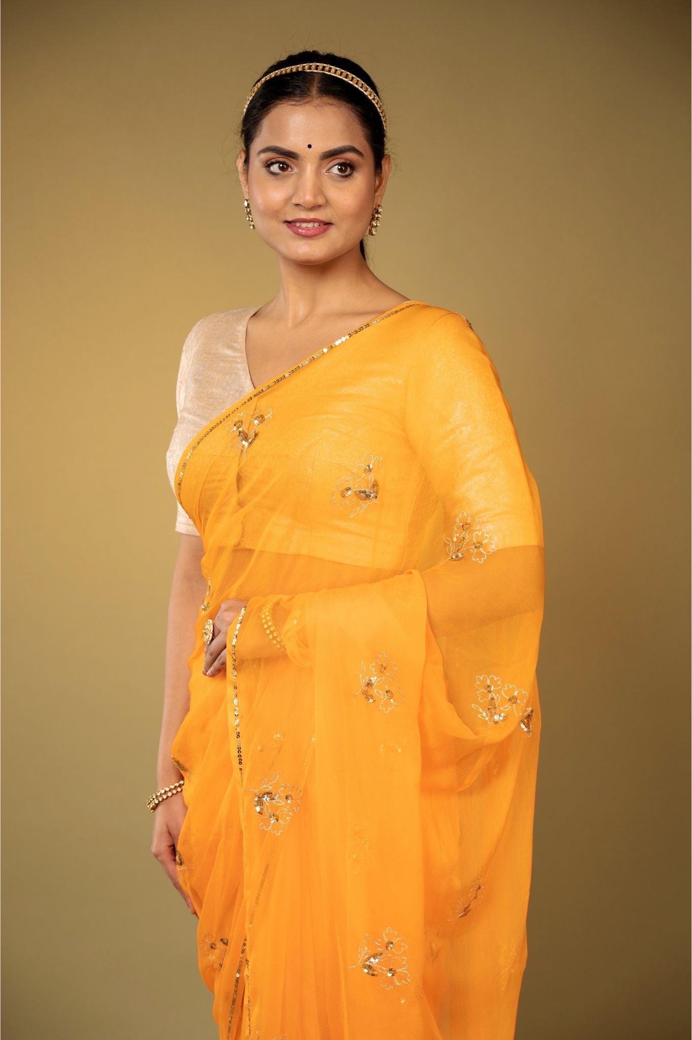 pastel orange viscose chiffon aari sequins handwork saree