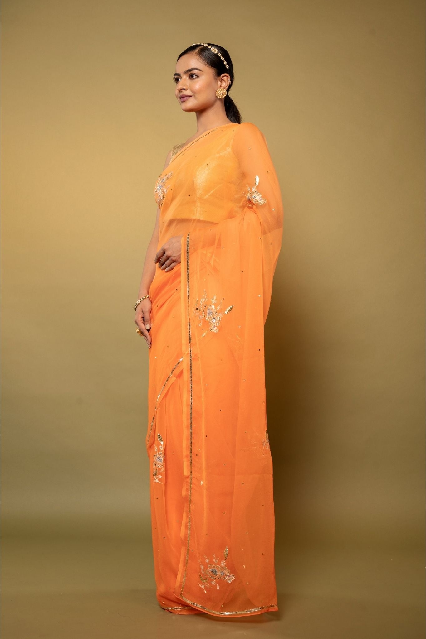 Peach viscose chiffon aari sequins motif handwork casual wear saree