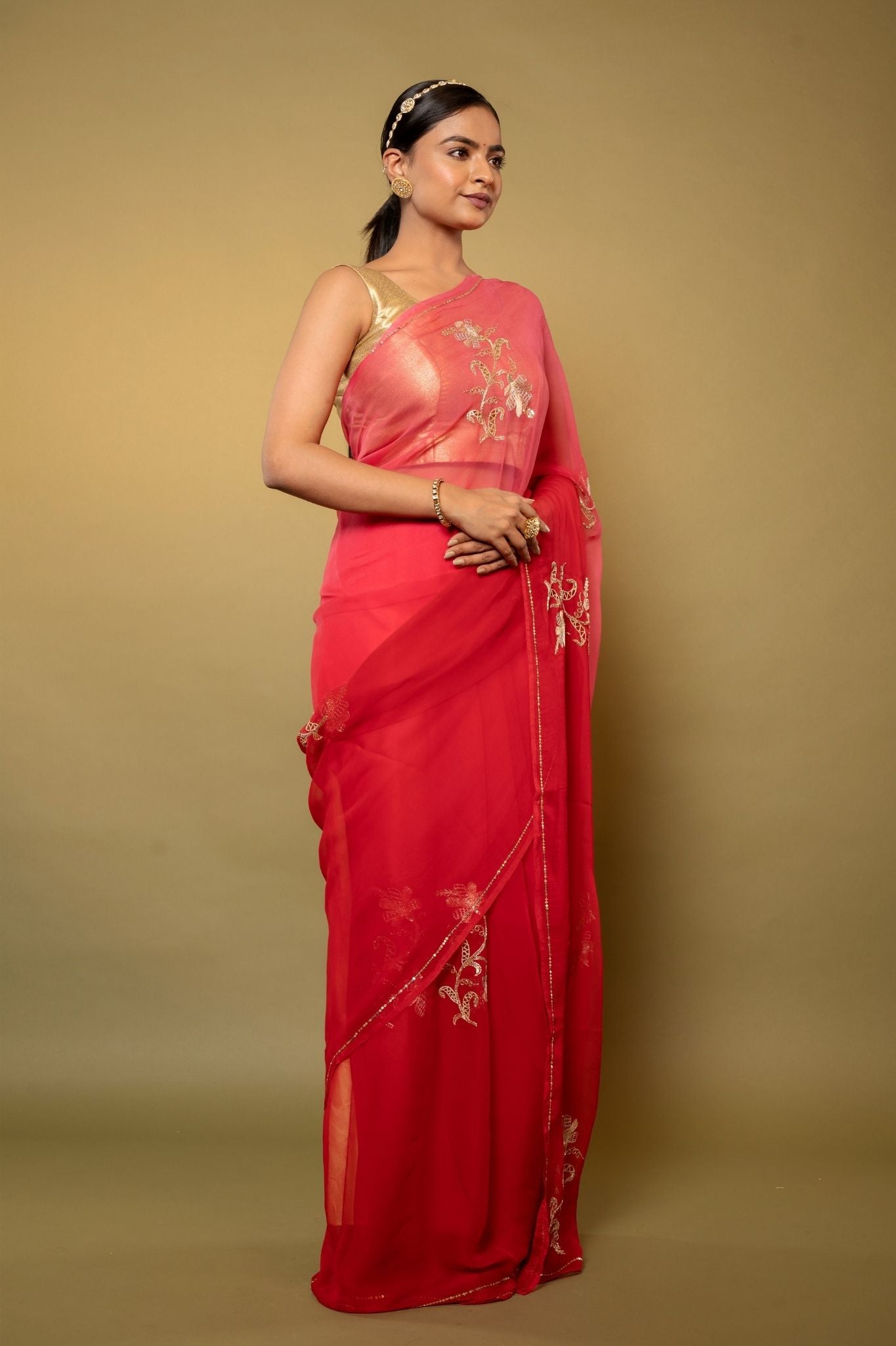 Warm Red viscose chiffon aari sequins cut work motif handwork casual wear saree
