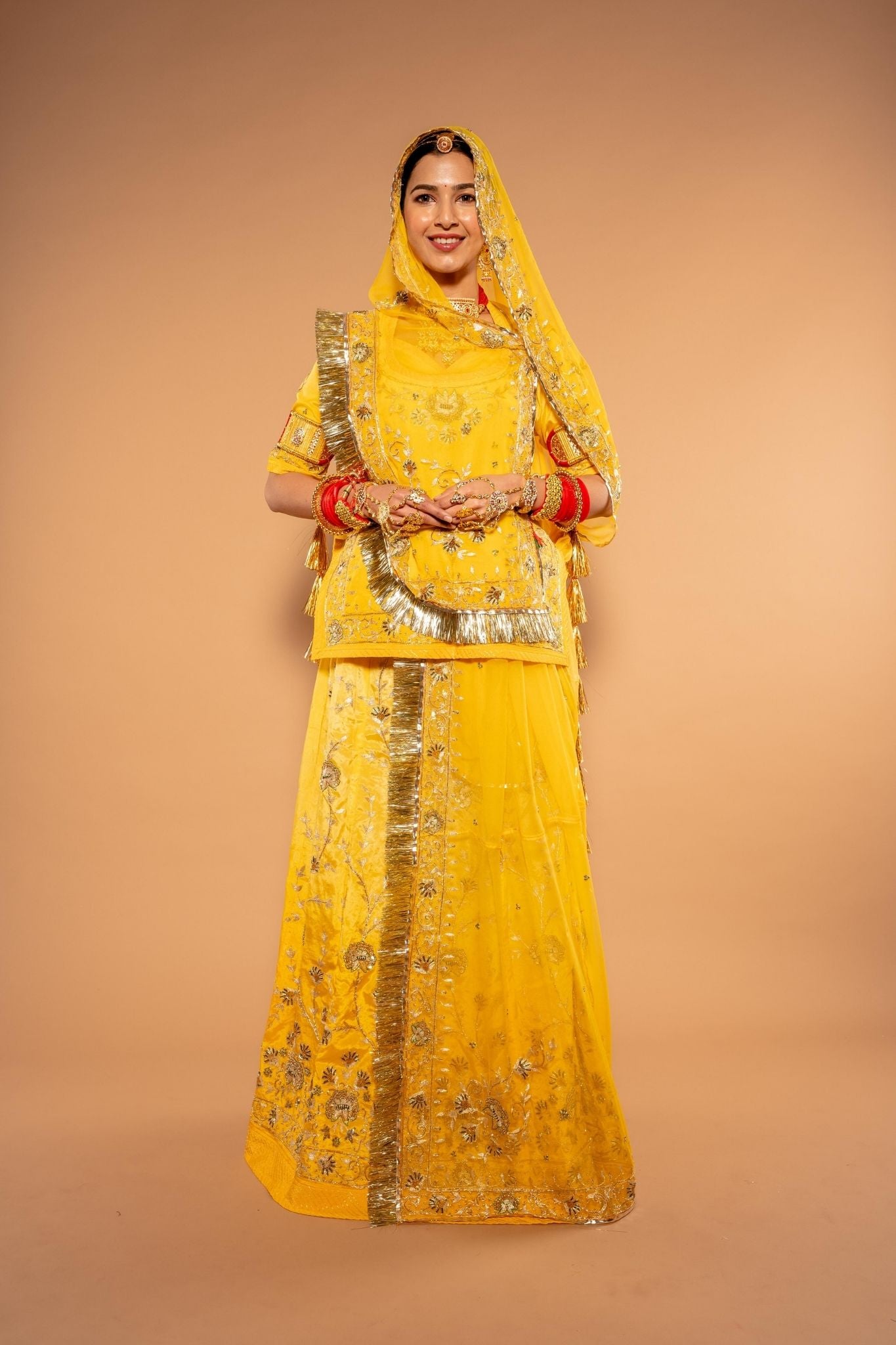 yellow bamber satin sequins zardozi handwork poshak with pure odhna