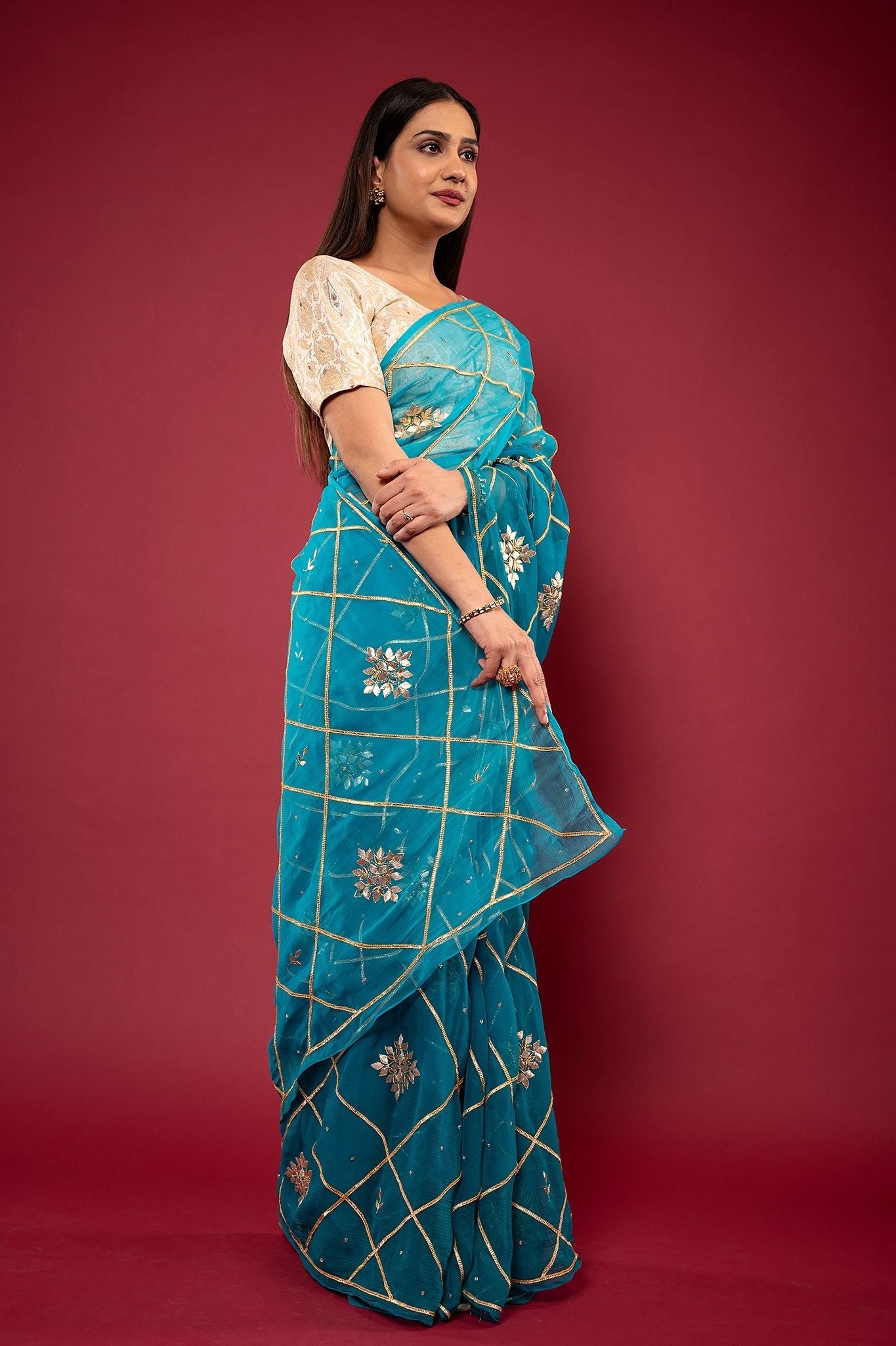 Rama light dark Viscose Chiffon Sikhiya gota mohri pati handwork party wear saree