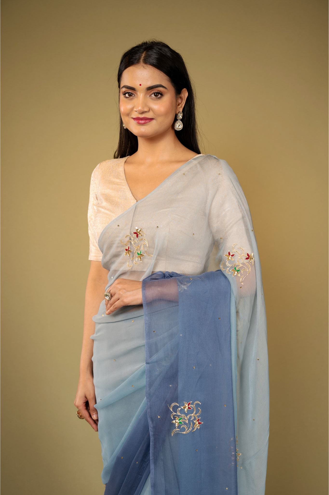 Grey light dark viscose chiffon aari sequins handwork casual wear saree