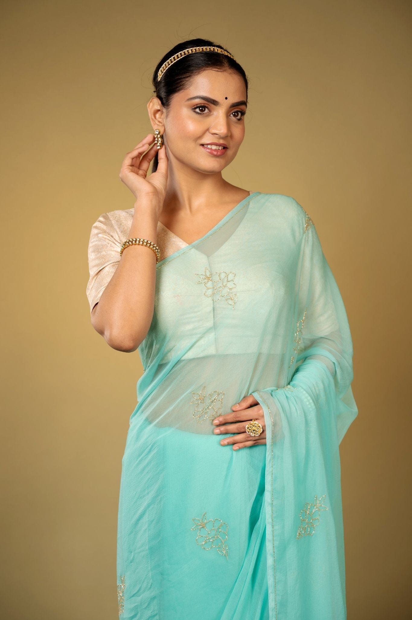 sky blue viscose chiffon kardana motif handwork casual wear saree