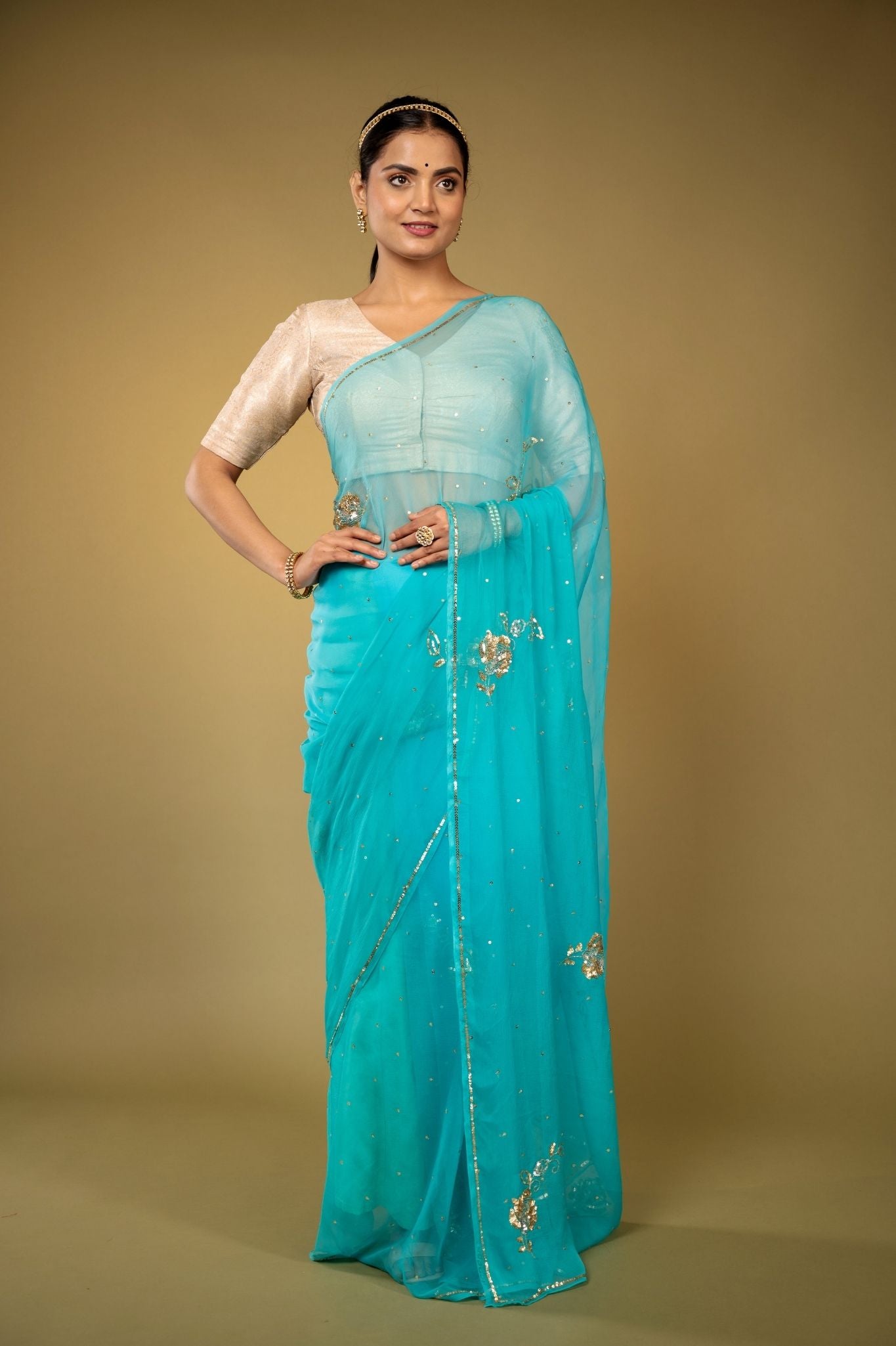 Skyblue viscose chiffon sequins kardana motif handwork casual wear saree