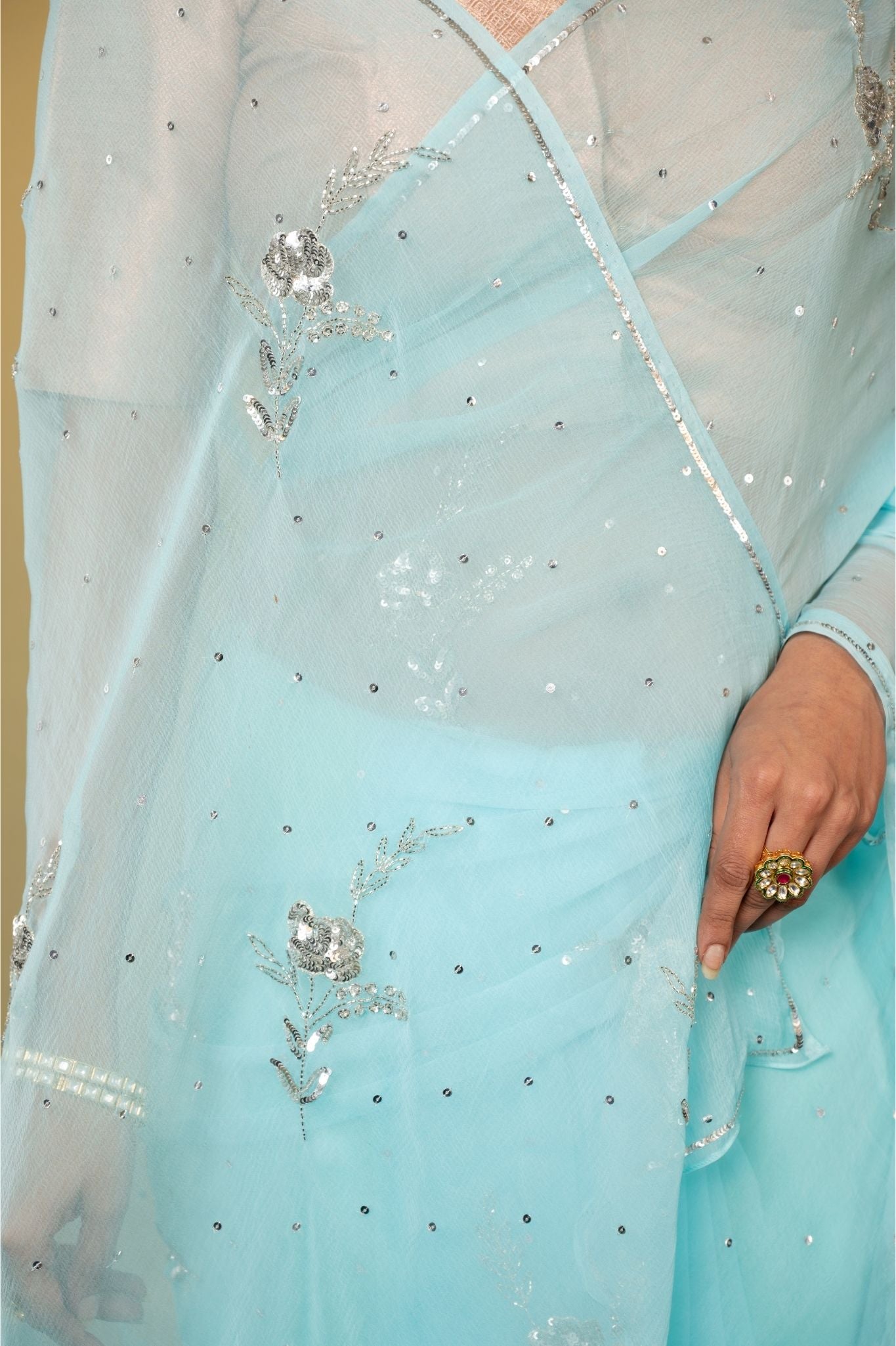 Sky blue viscose chiffon sequins motif handwork casual wear saree