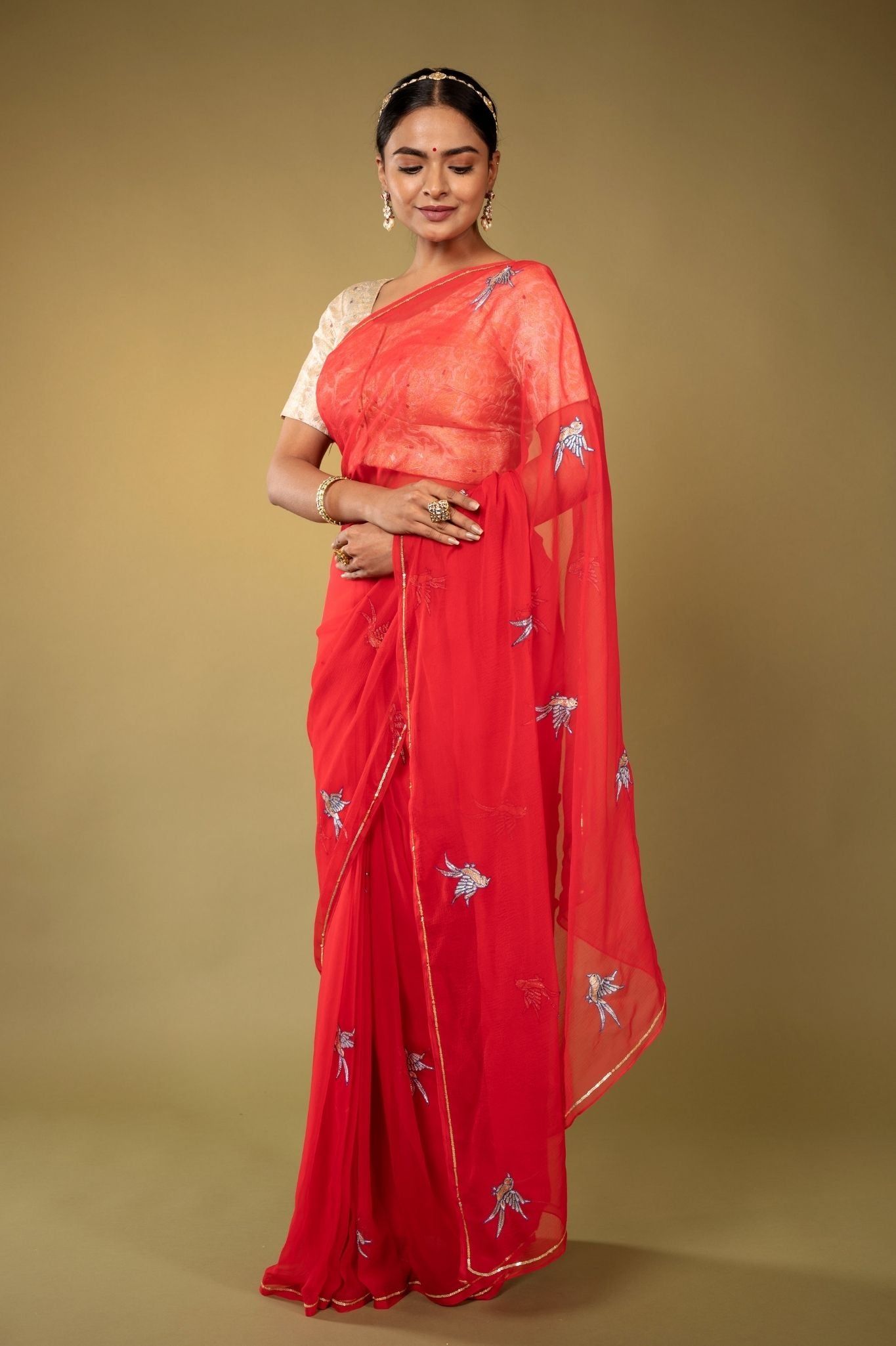 Red Viscose Chiffon Aari resham motif handwork casual wear saree