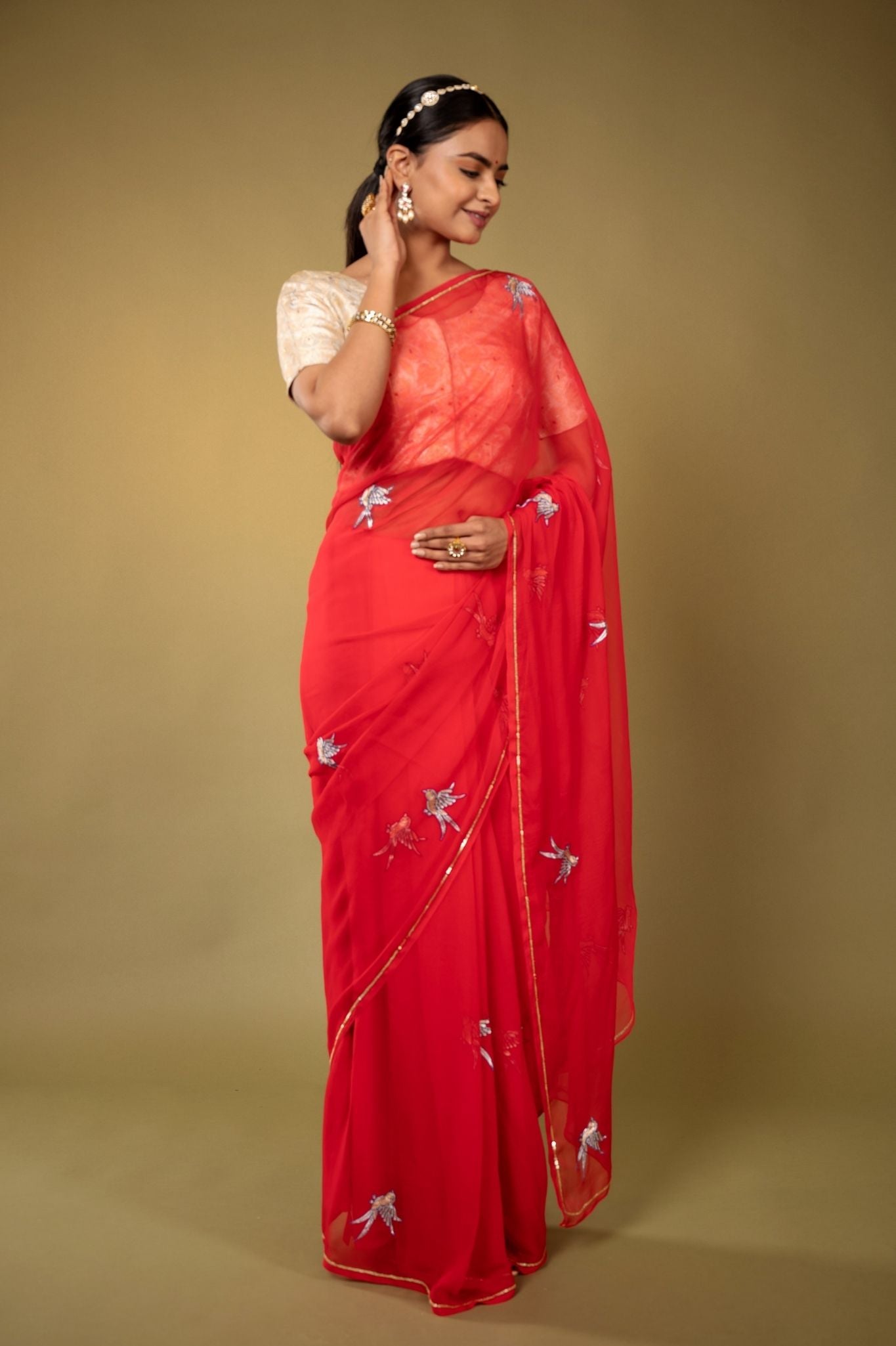 Red Viscose Chiffon Aari resham motif handwork casual wear saree