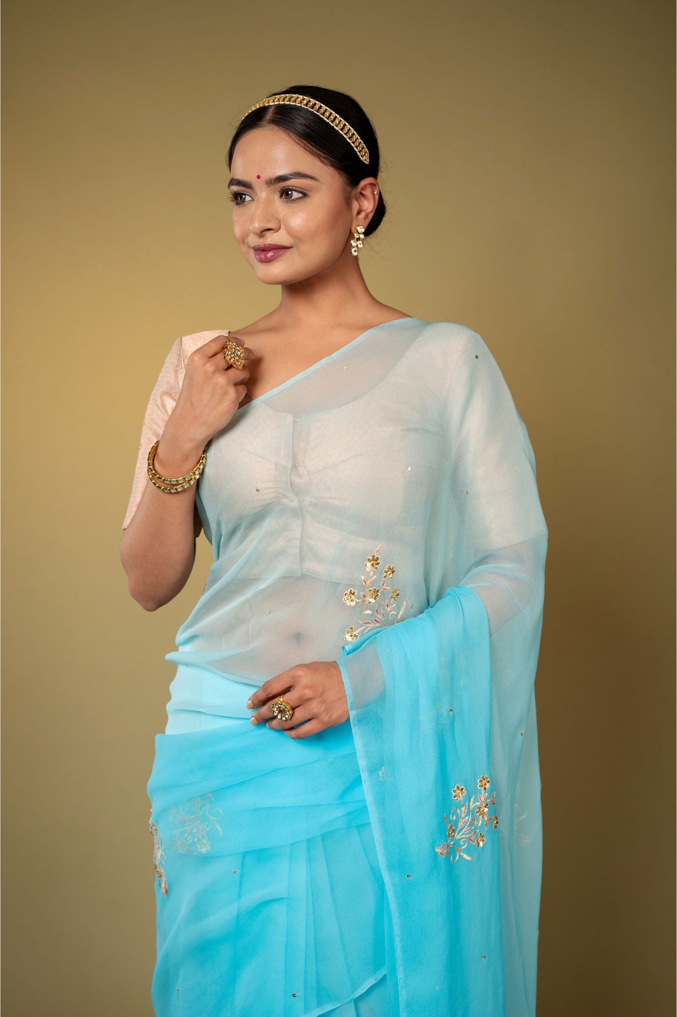Sky blue viscose chiffon aari sequins handwork casual wear saree