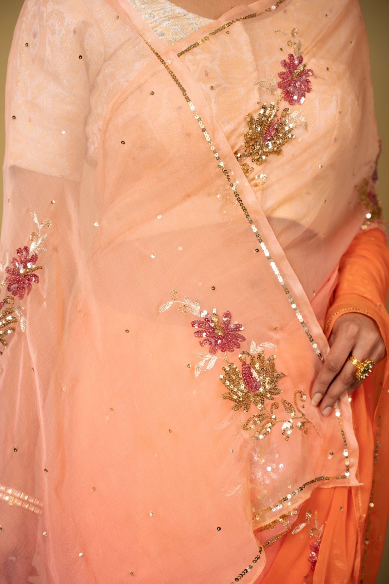 Peach light dark Viscose Chiffon aari sequins motif handwork casual wear saree