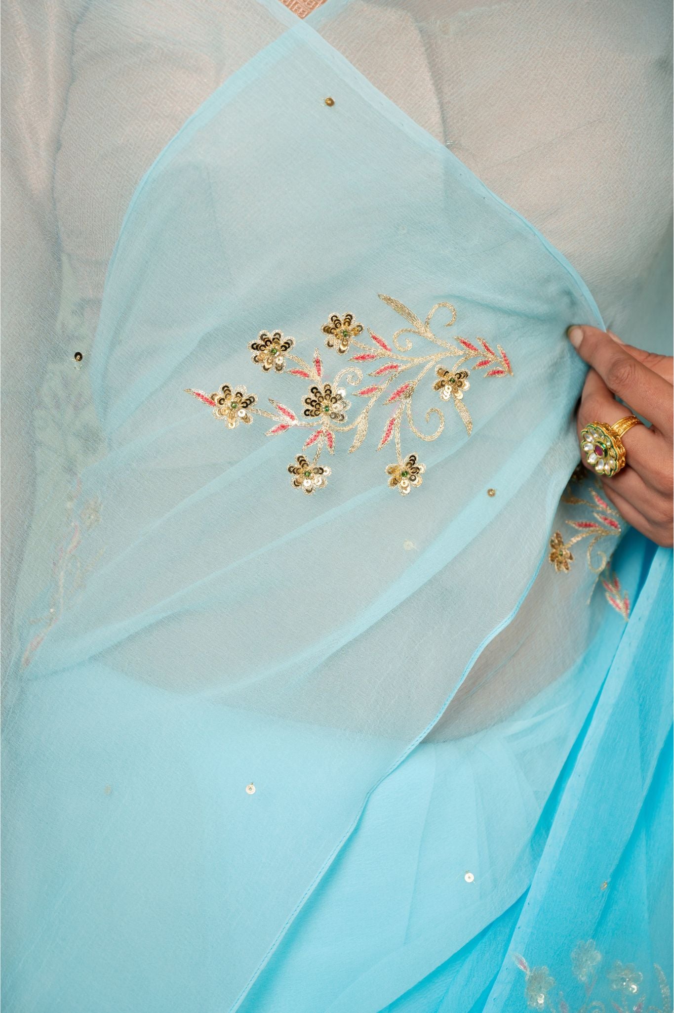 Sky blue viscose chiffon aari sequins handwork casual wear saree