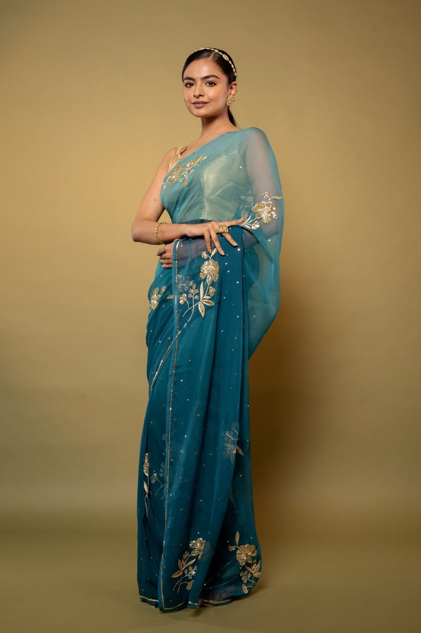 Rama blue light dark Viscose Chiffon aari sequins motif handwork casual wear saree