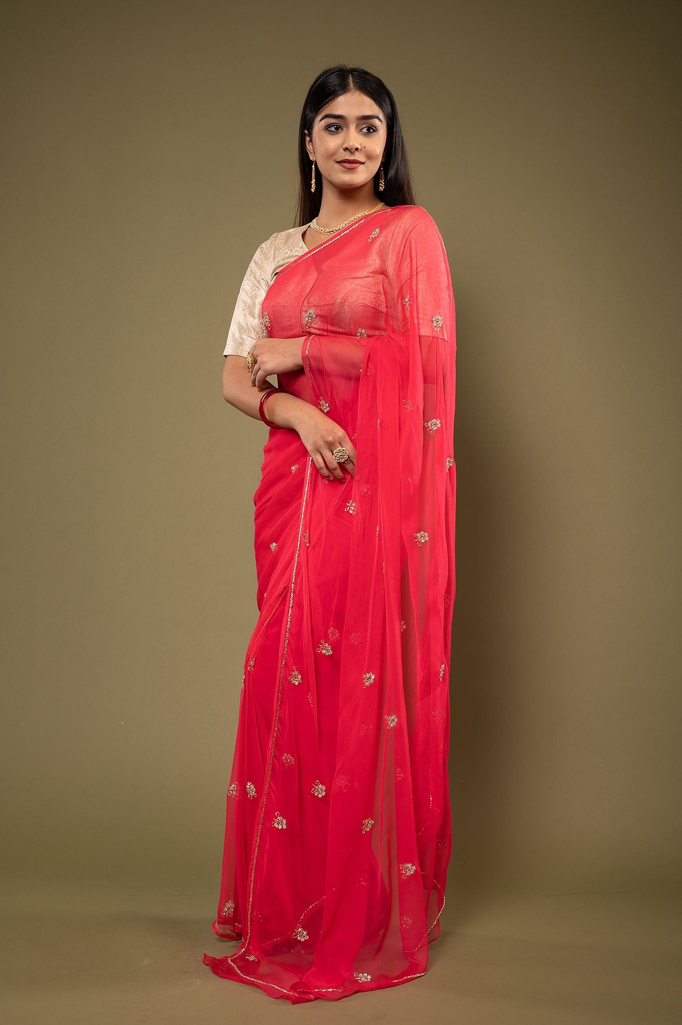 Red viscose chiffon kardana kundan motif handwork casual wear saree