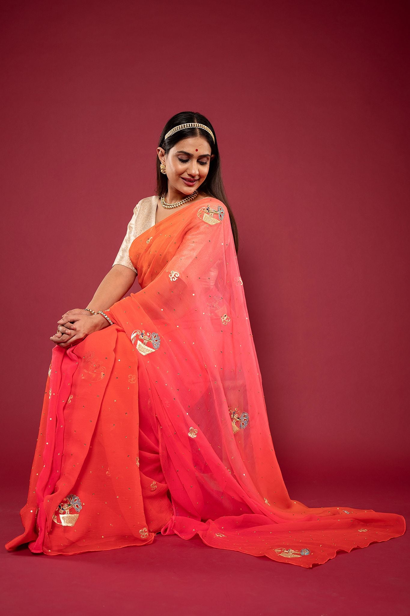 peach pink pure chiffon Aari zardozi resham motif handwork saree