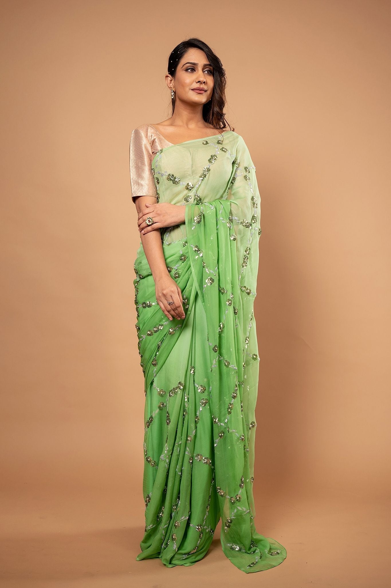 parrot green light dark pure chiffon sequins jaal handwork saree