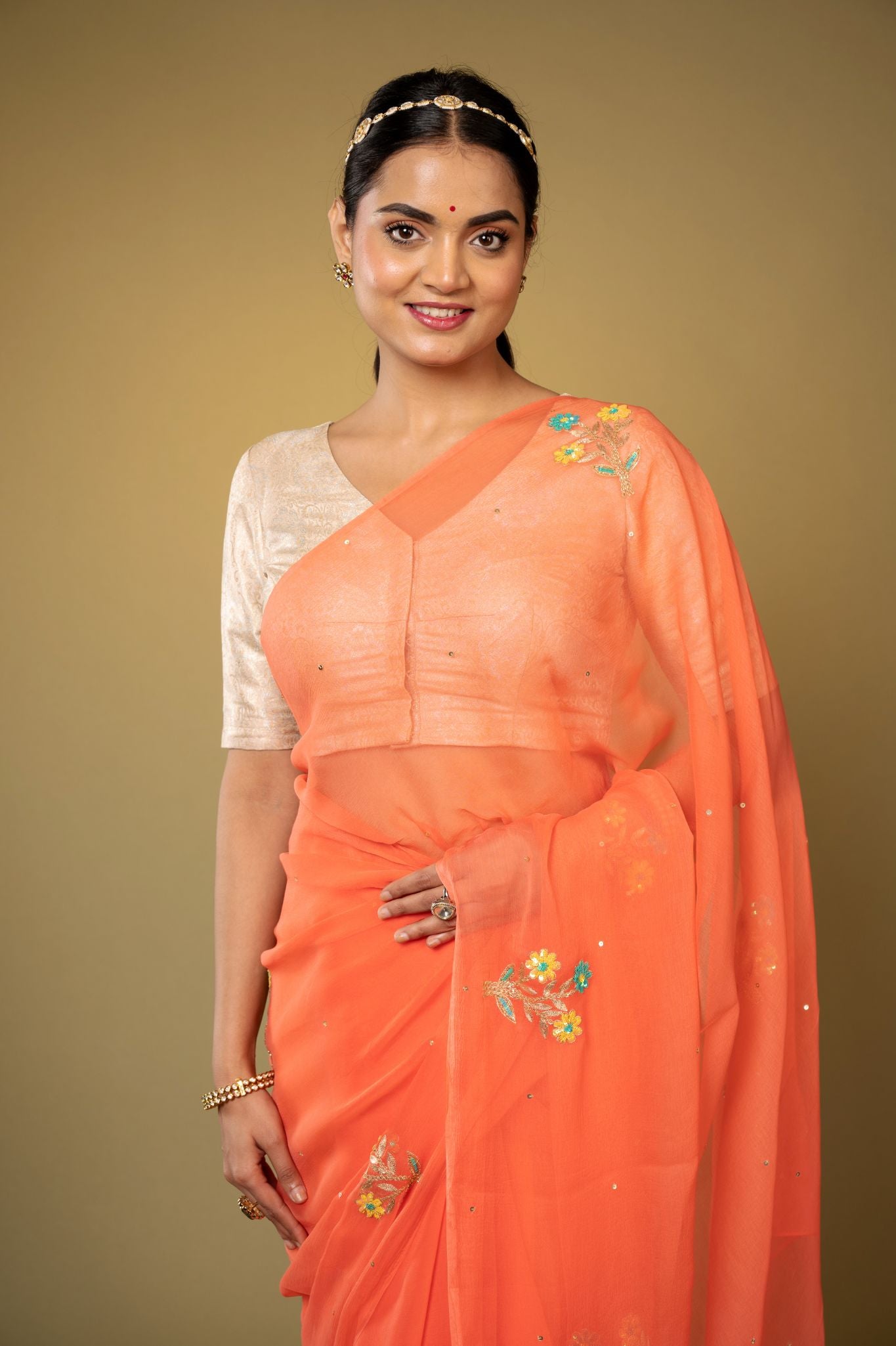 Peach viscose chiffon aari sequins handwork casual wear saree