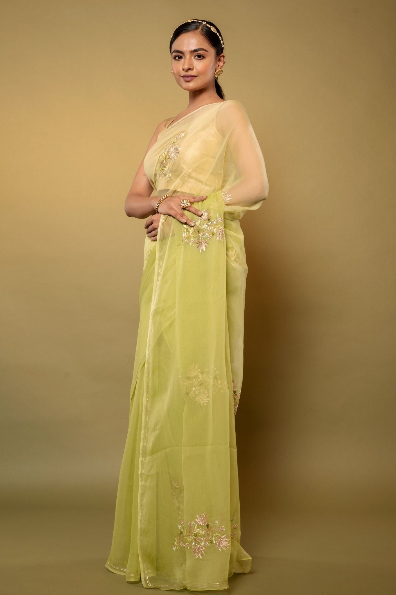 Pista green light dark Viscose Chiffon aari sequins motif handwork casual wear saree