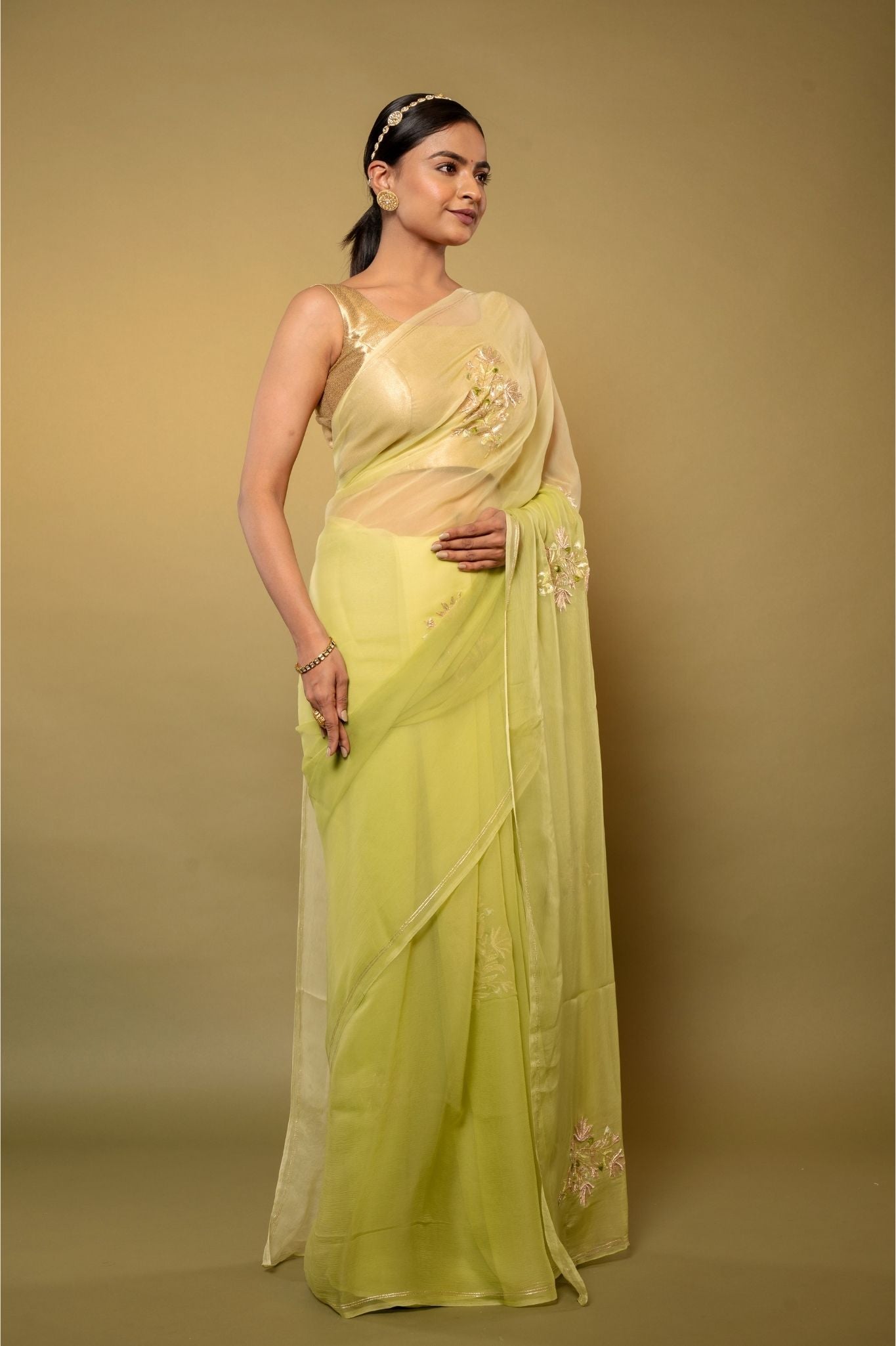 Pista green light dark Viscose Chiffon aari sequins motif handwork casual wear saree