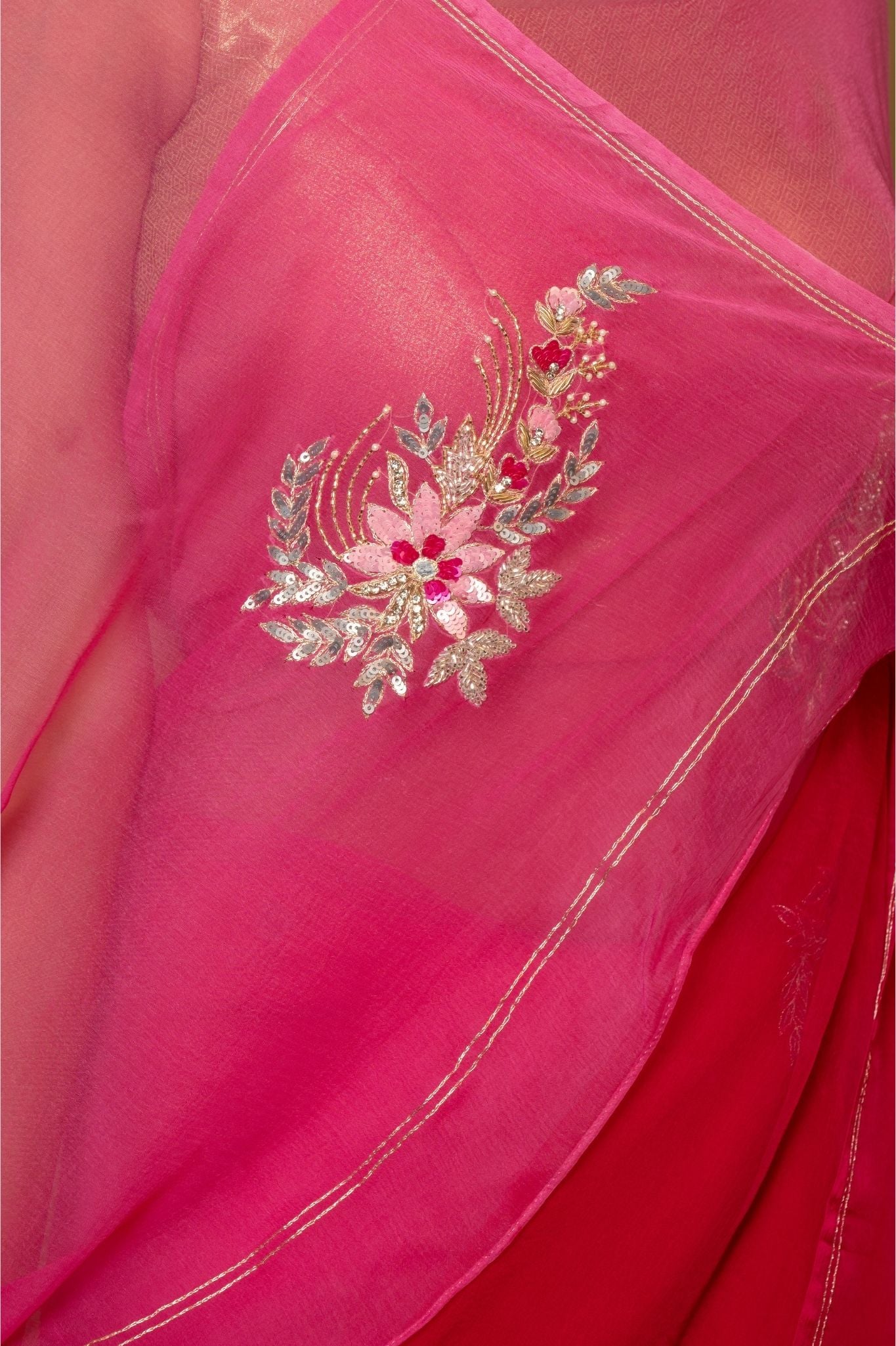 rani light dark Viscose Chiffon Aari sequins kardana motif handwork casual wear saree