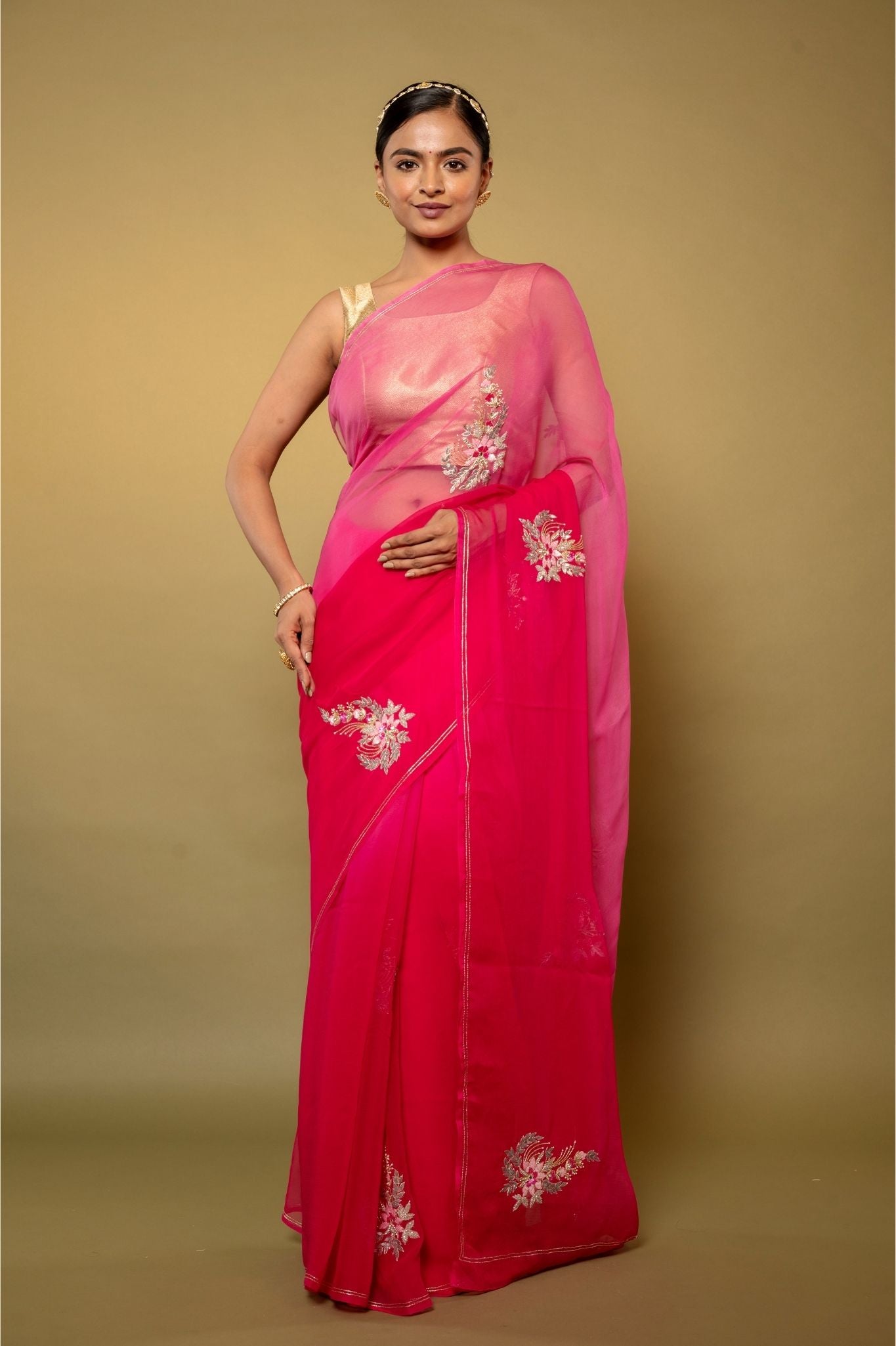 rani light dark Viscose Chiffon Aari sequins kardana motif handwork casual wear saree