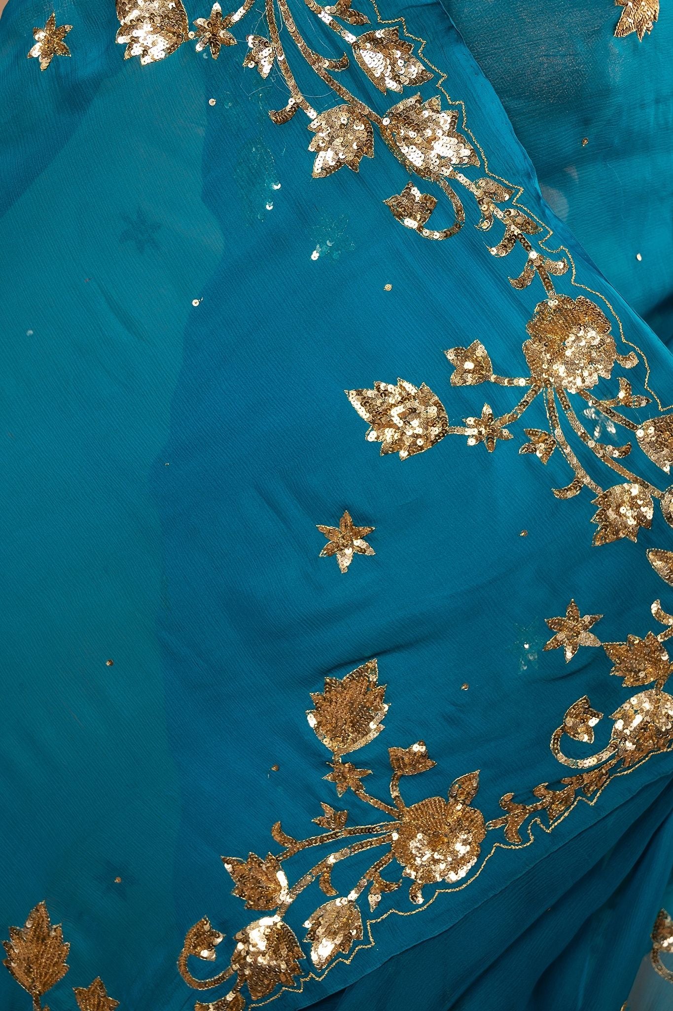 Rama Blue Pure Chiffon sequins border butti work Handwork saree