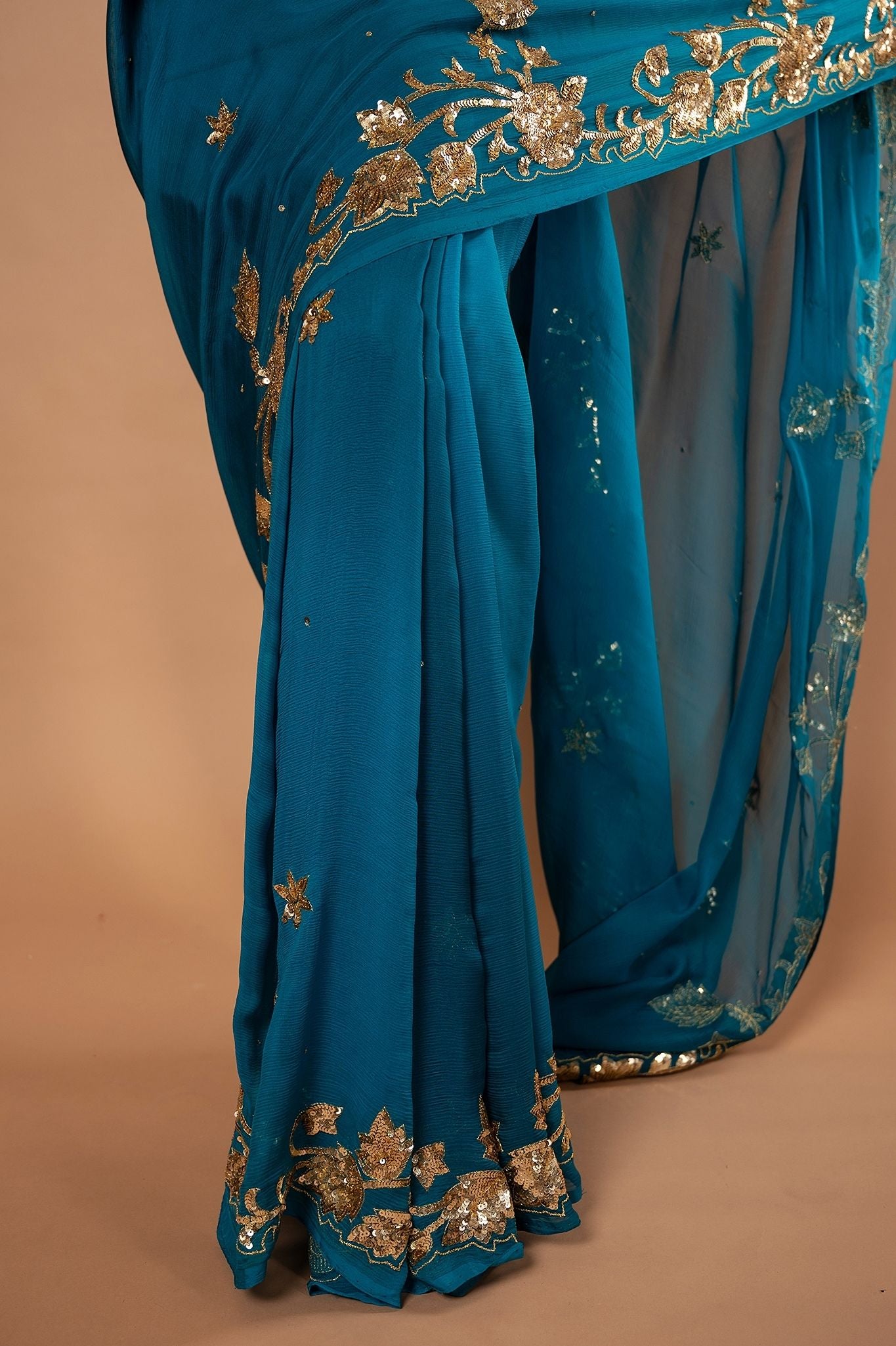 Rama Blue Pure Chiffon sequins border butti work Handwork saree