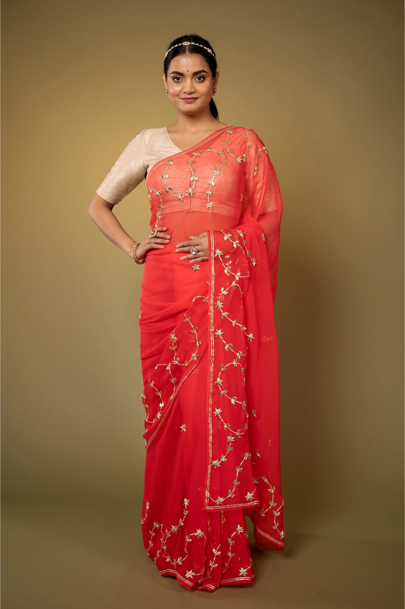 Warm Red Viscose Chiffon Sikhiya gota mohri pati border butti handwork casual wear saree