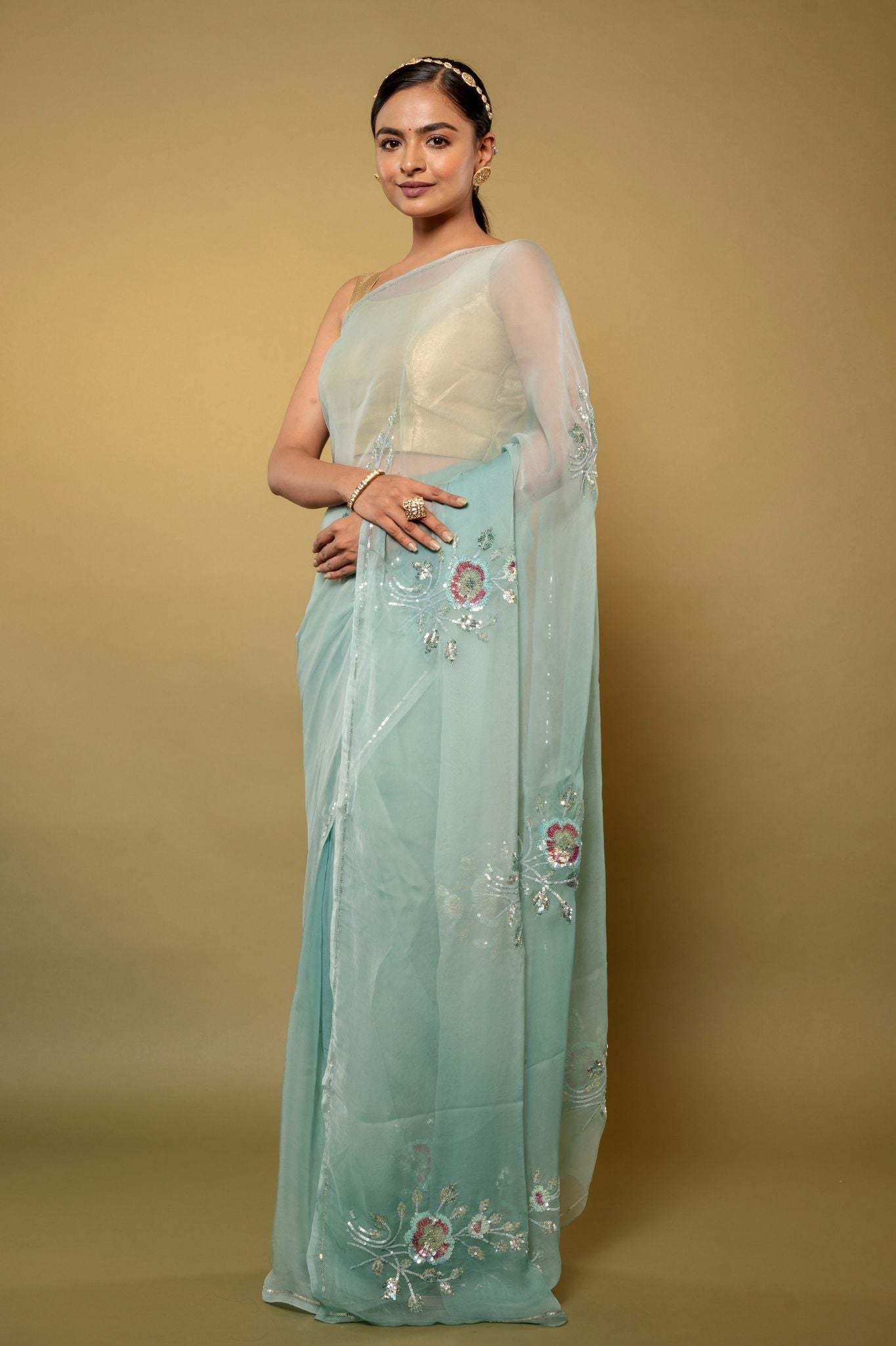 Greyish Green Viscose Chiffon sequins motif handwork party wear saree