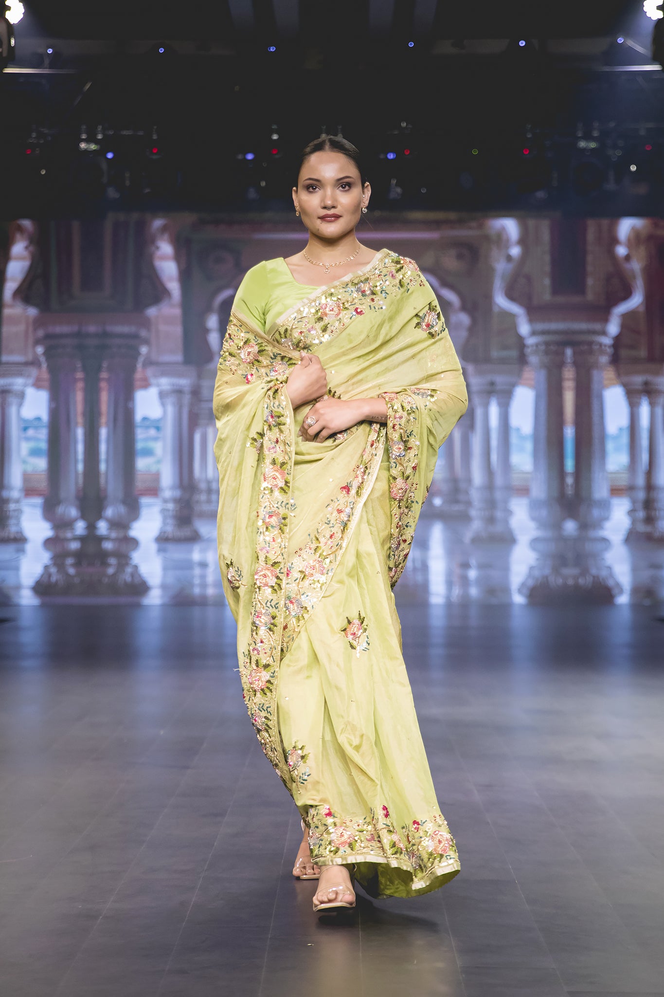 Pista Green Pure Tissue Aari Sequins Zardozi Border & Flower Motif / Booty Handwork Party Wear Saree with Blouse