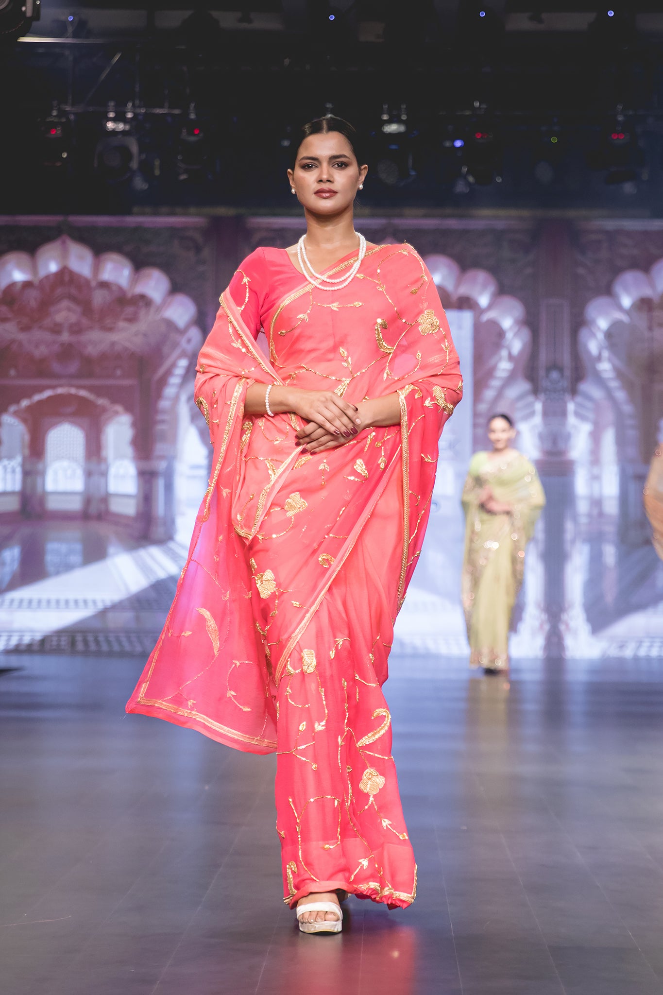 Gajri Pink Pure Chiffon Zardozi Sequins Flower Jaal Handwork Party Wear Saree with Blouse