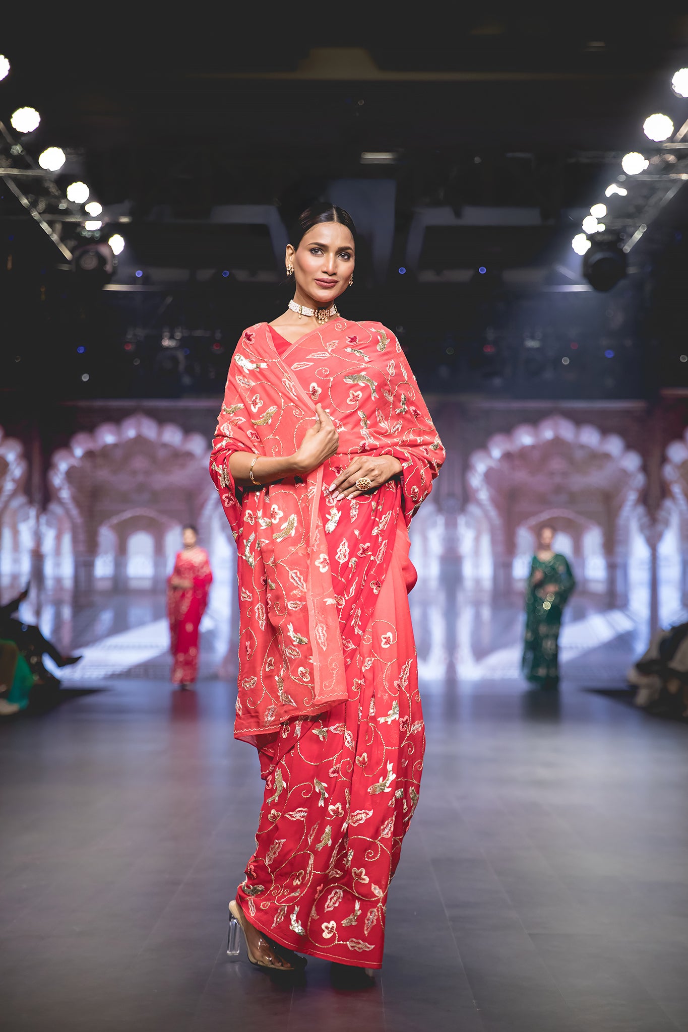 Red Shaded Pure Chiffon Aari Sequins French Knot all over Fish Motif (Booty) Jaal Handwork Party Wear Saree with Blouse