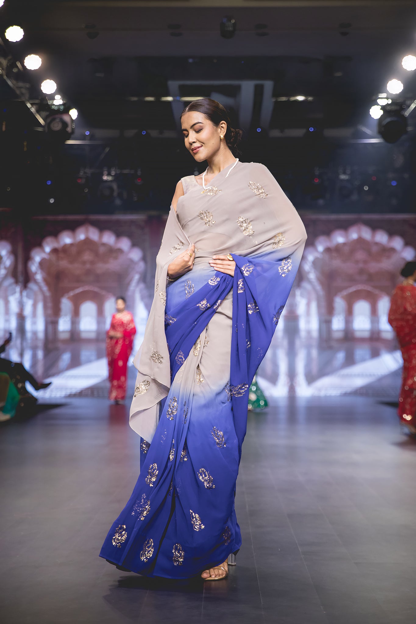 Grey Blue Ombre Pure 60gm Georgette Mukesh Baadla Work Motif (Booty) All Over Handwork Party Wear Saree with Blouse