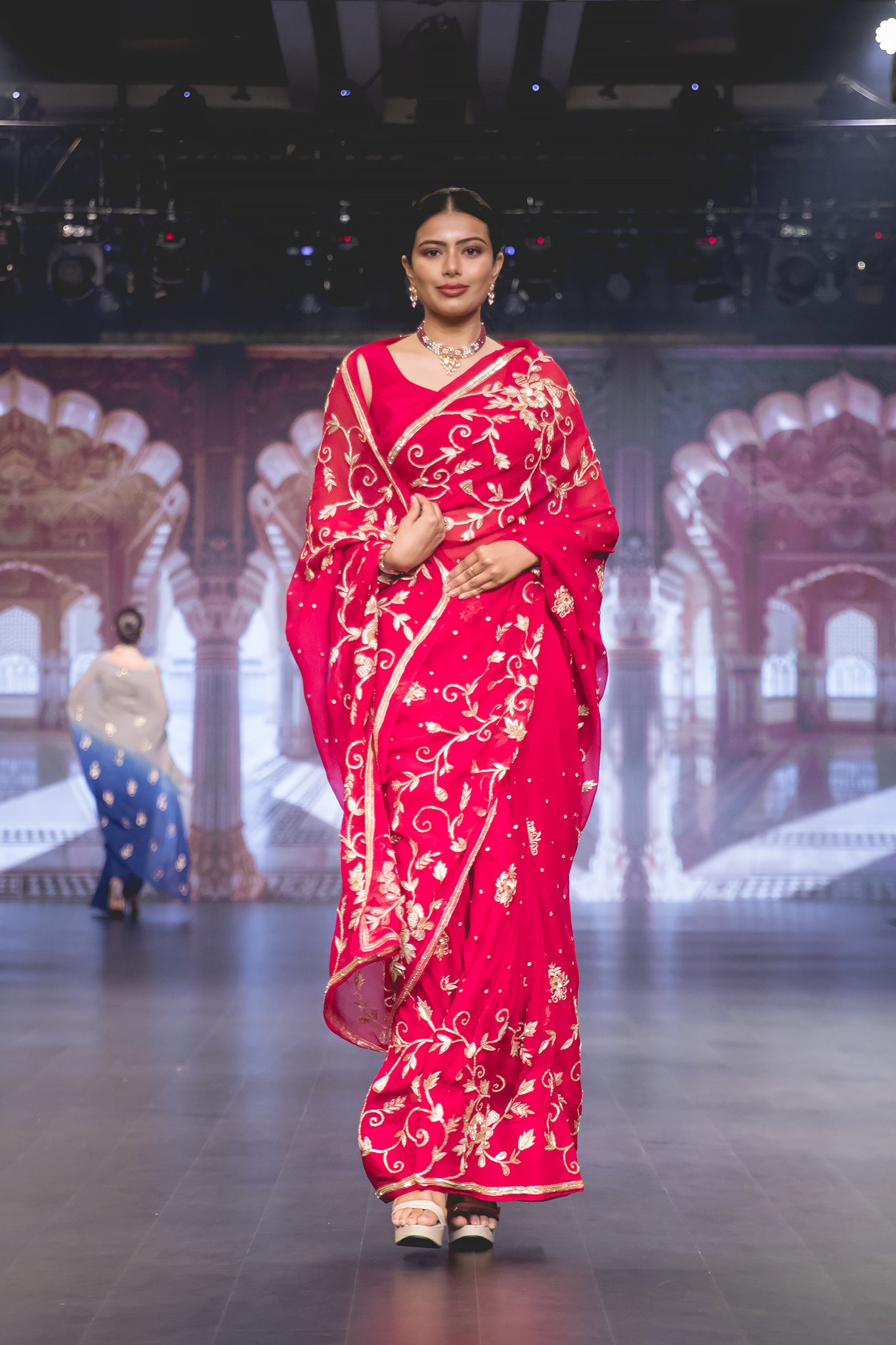 Red Pure Chiffon Aari Sequins Zardozi French Knot Flower Leaf Motif (Booty) all over Jaal Handwork Party Wear Saree with Blouse