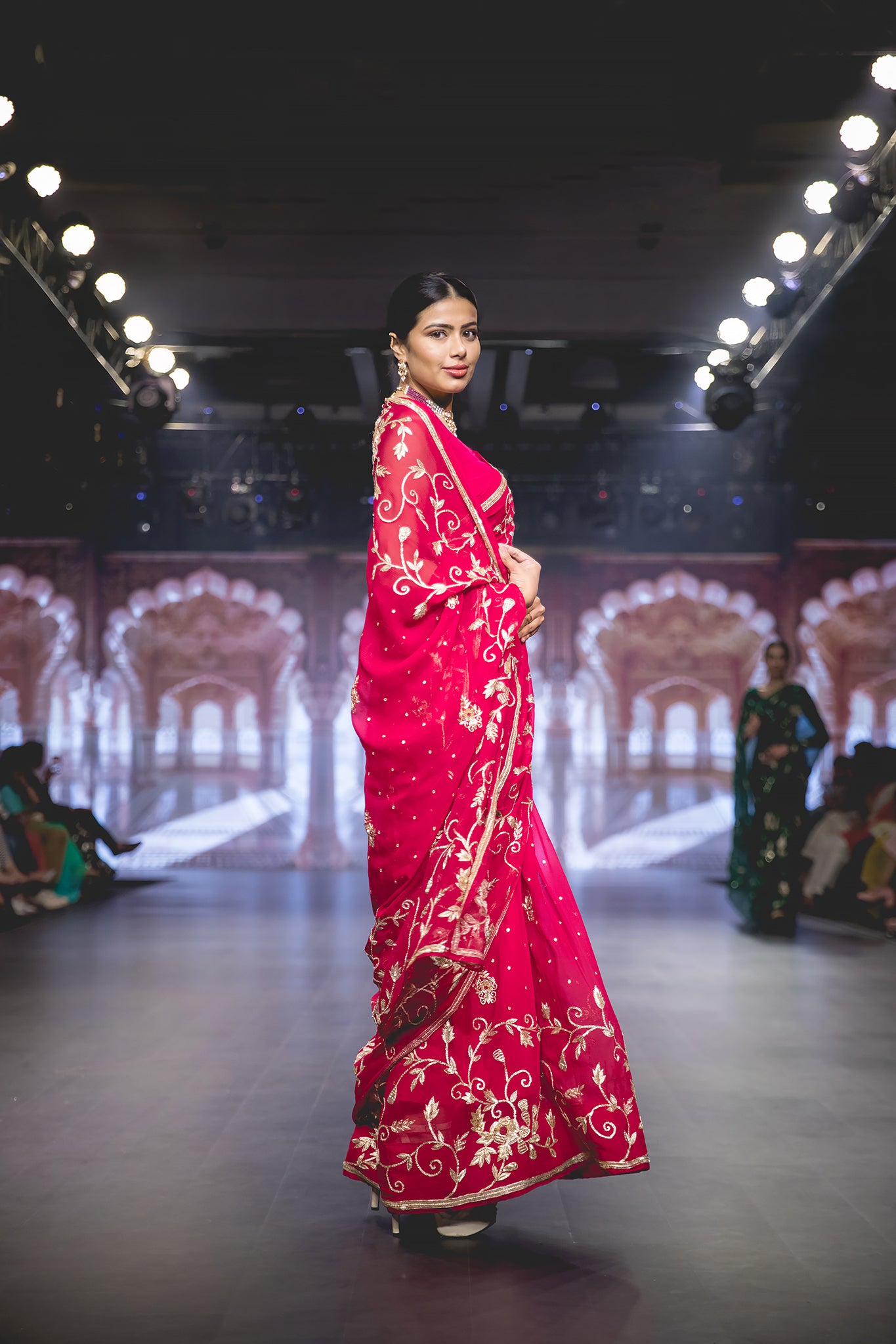 Red Pure Chiffon Aari Sequins Zardozi French Knot Flower Leaf Motif (Booty) all over Jaal Handwork Party Wear Saree with Blouse