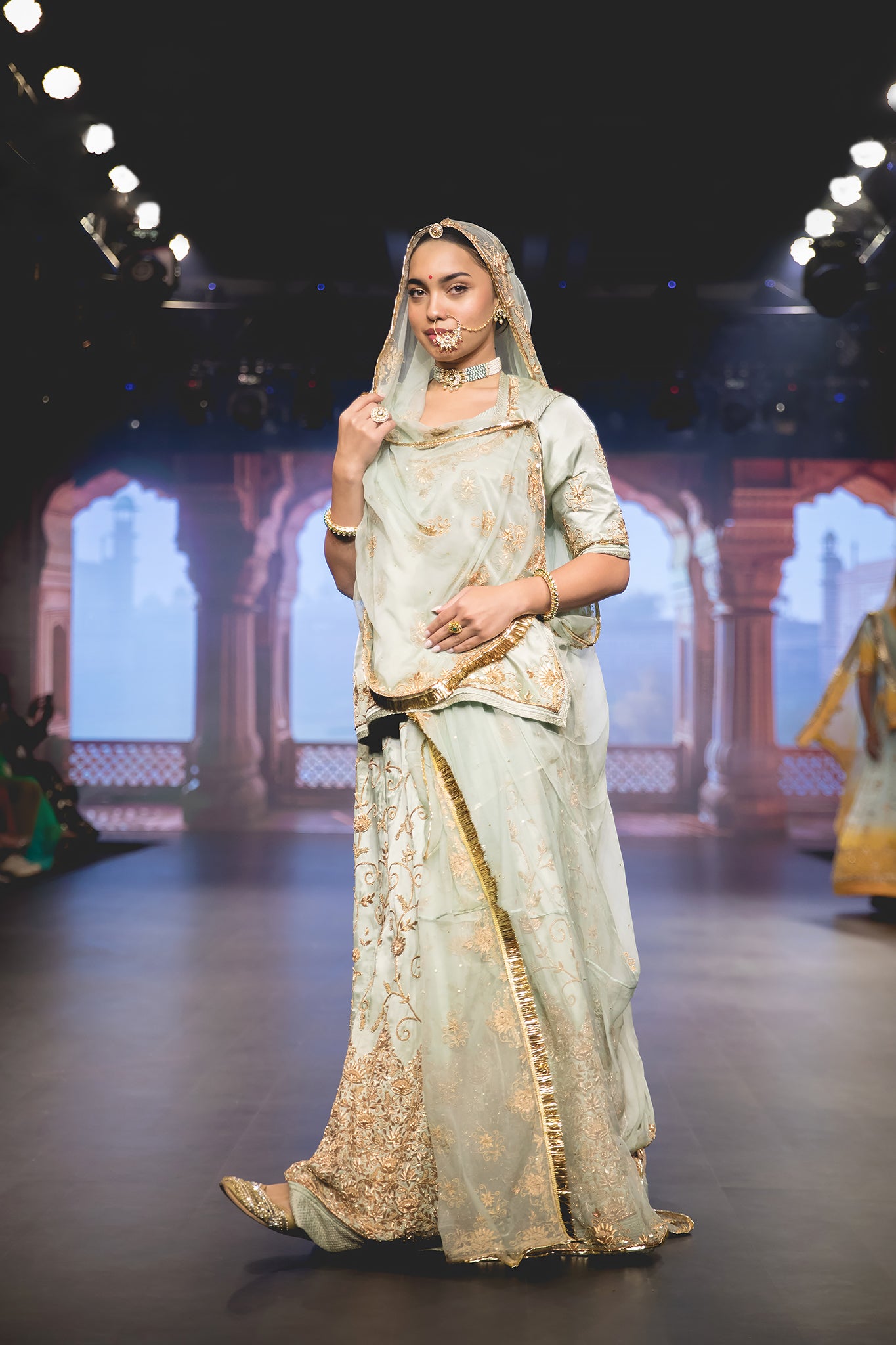 Light Olive Pure Satin Dabka Tari work Handwork Poshak with pure odhna (unstitched)