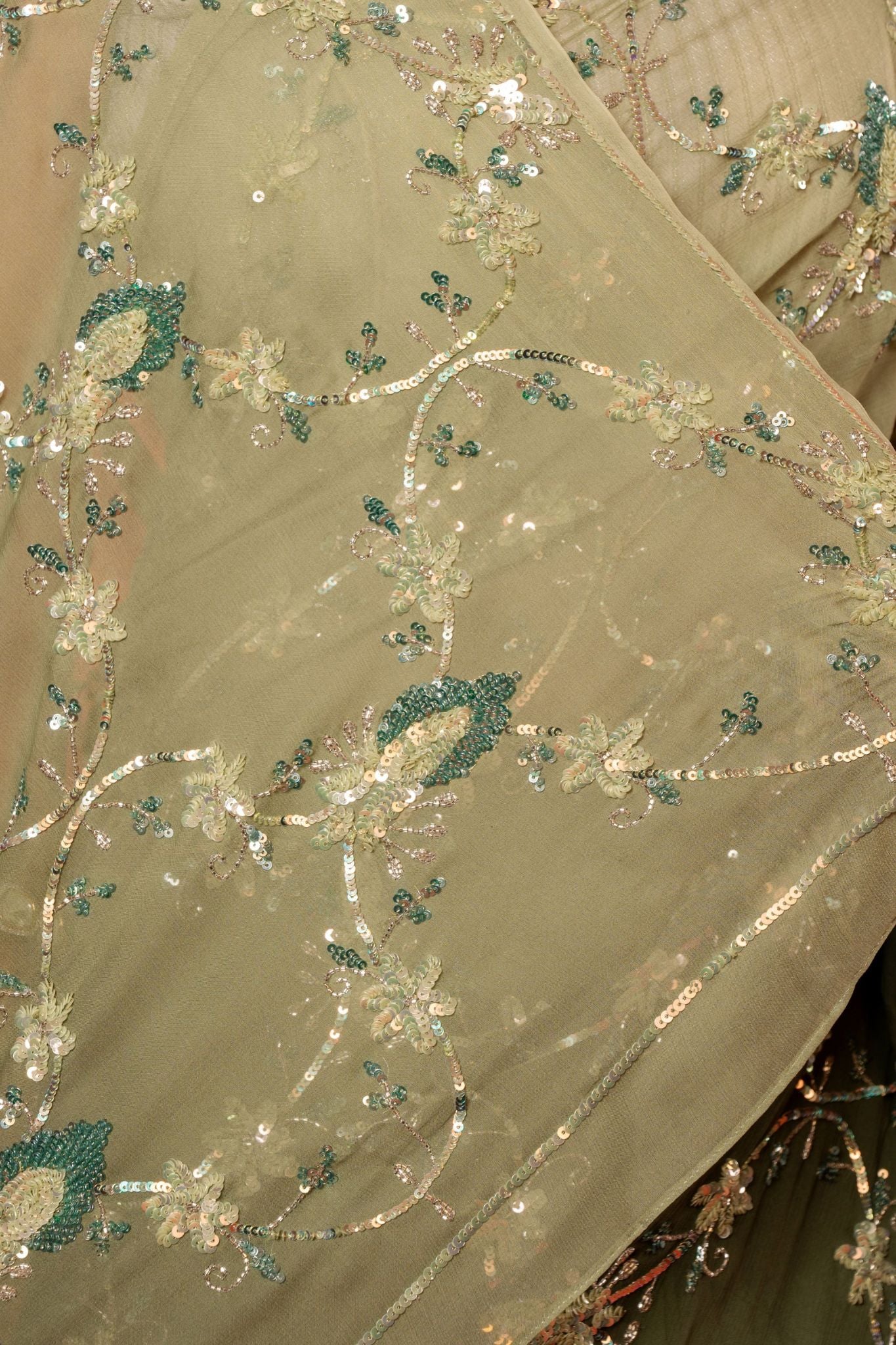 Olive green pure chiffon aari sequins jaal handwork saree