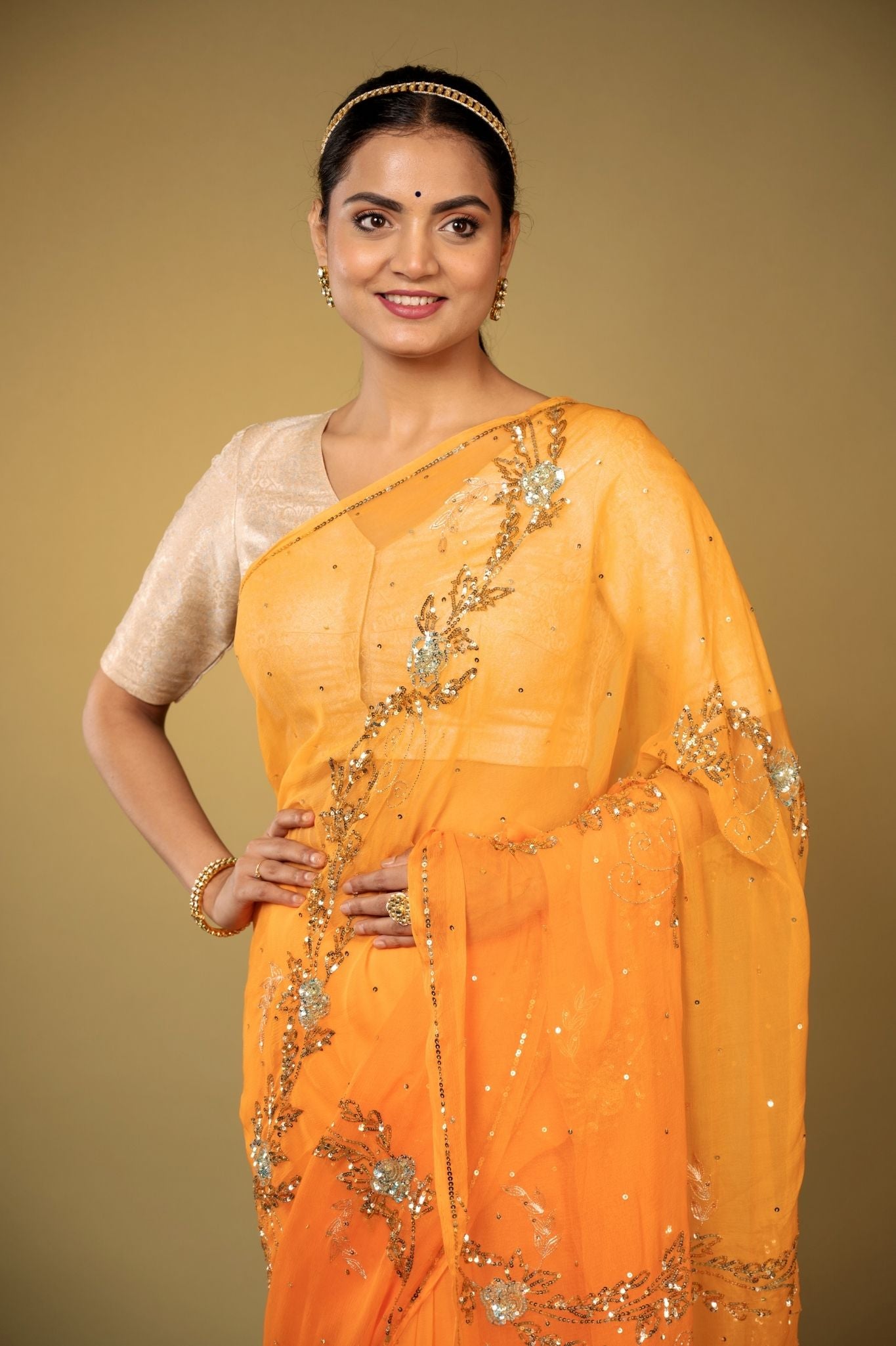Orange light dark Viscose Chiffon aari sequins handwork party wear saree