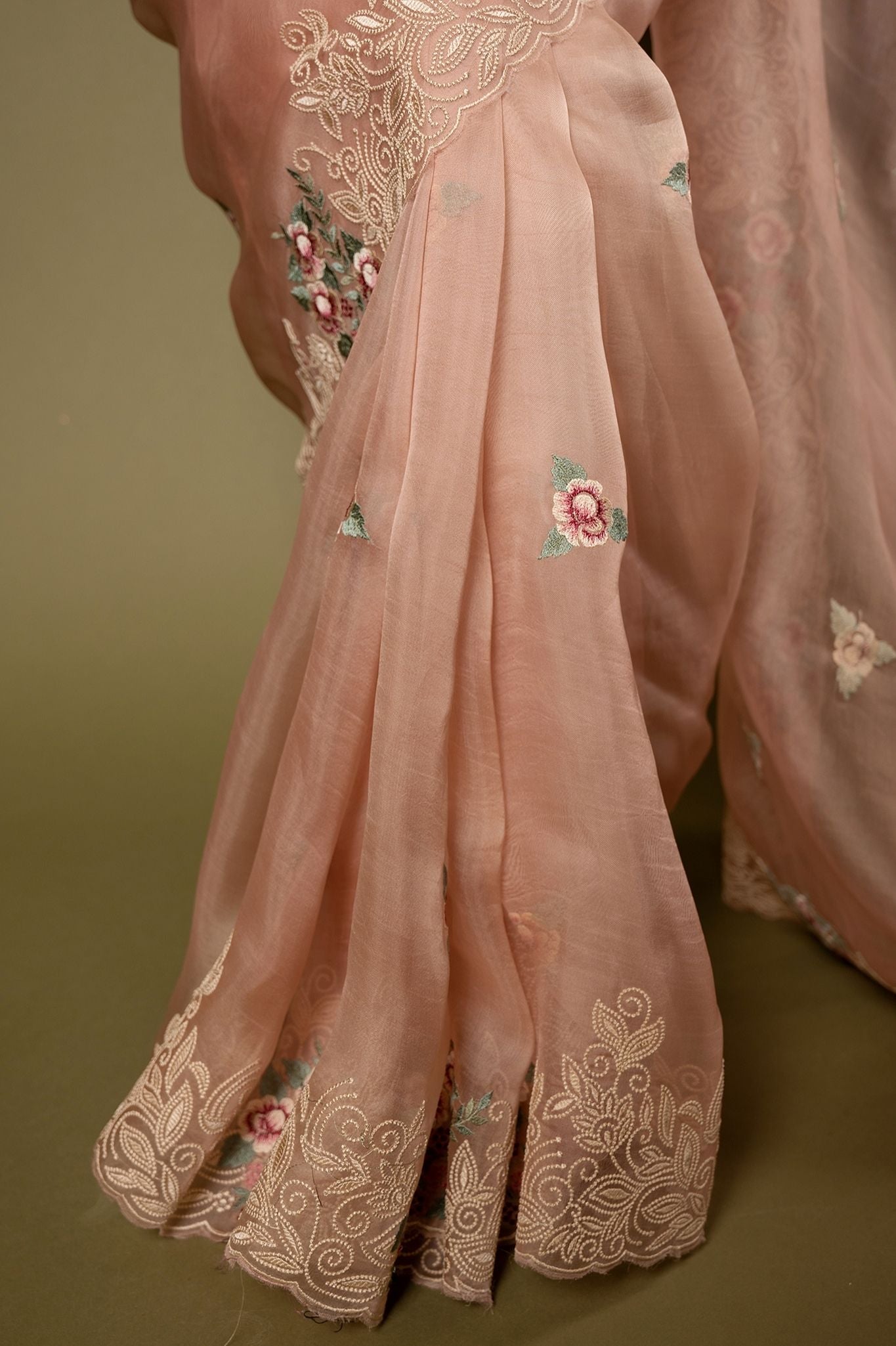 Peach Organza resham border butti Handwork saree