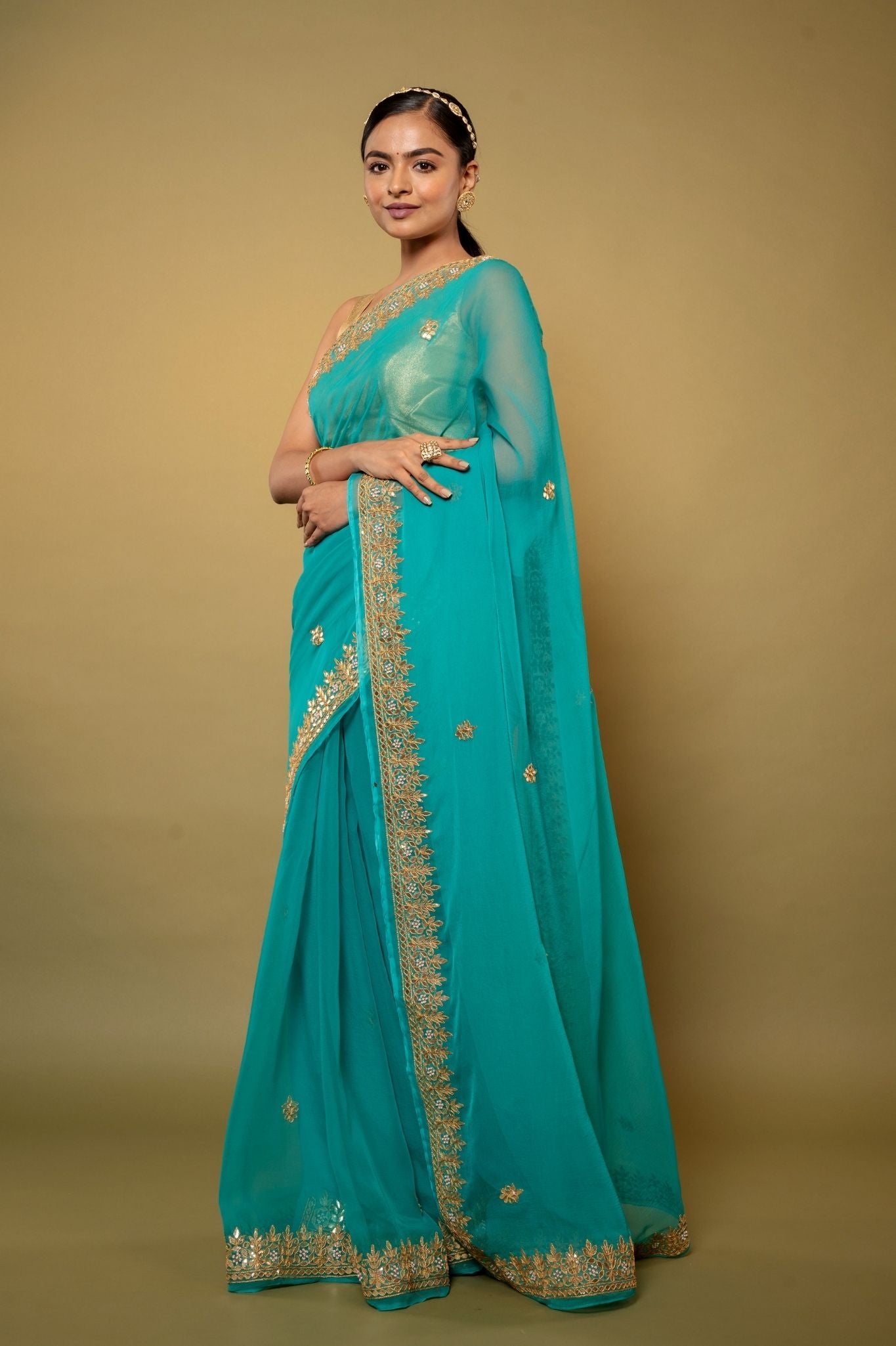 Turquoise Viscose Chiffon gota pati border butti handwork party wear saree