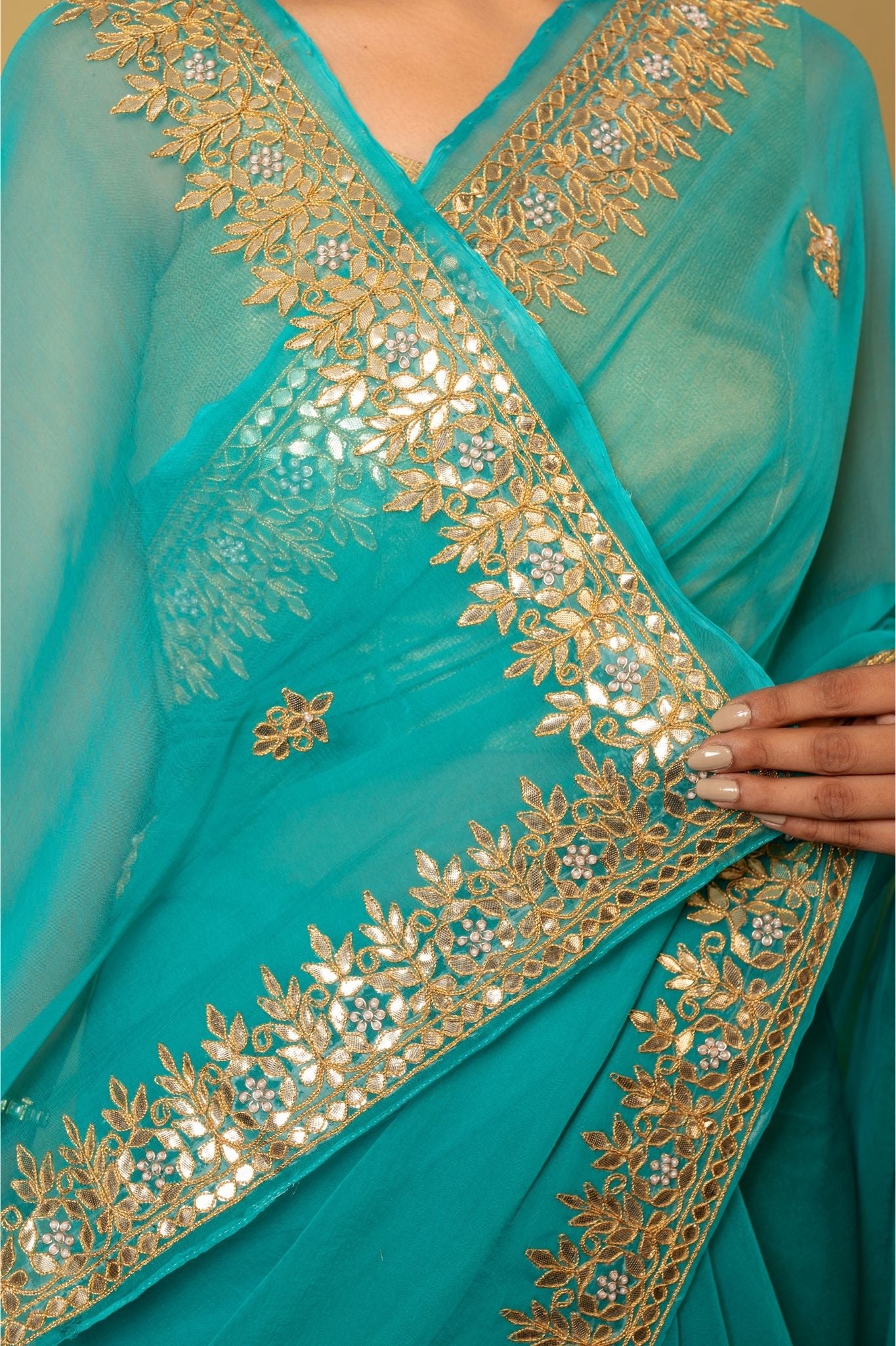 Turquoise Viscose Chiffon gota pati border butti handwork party wear saree