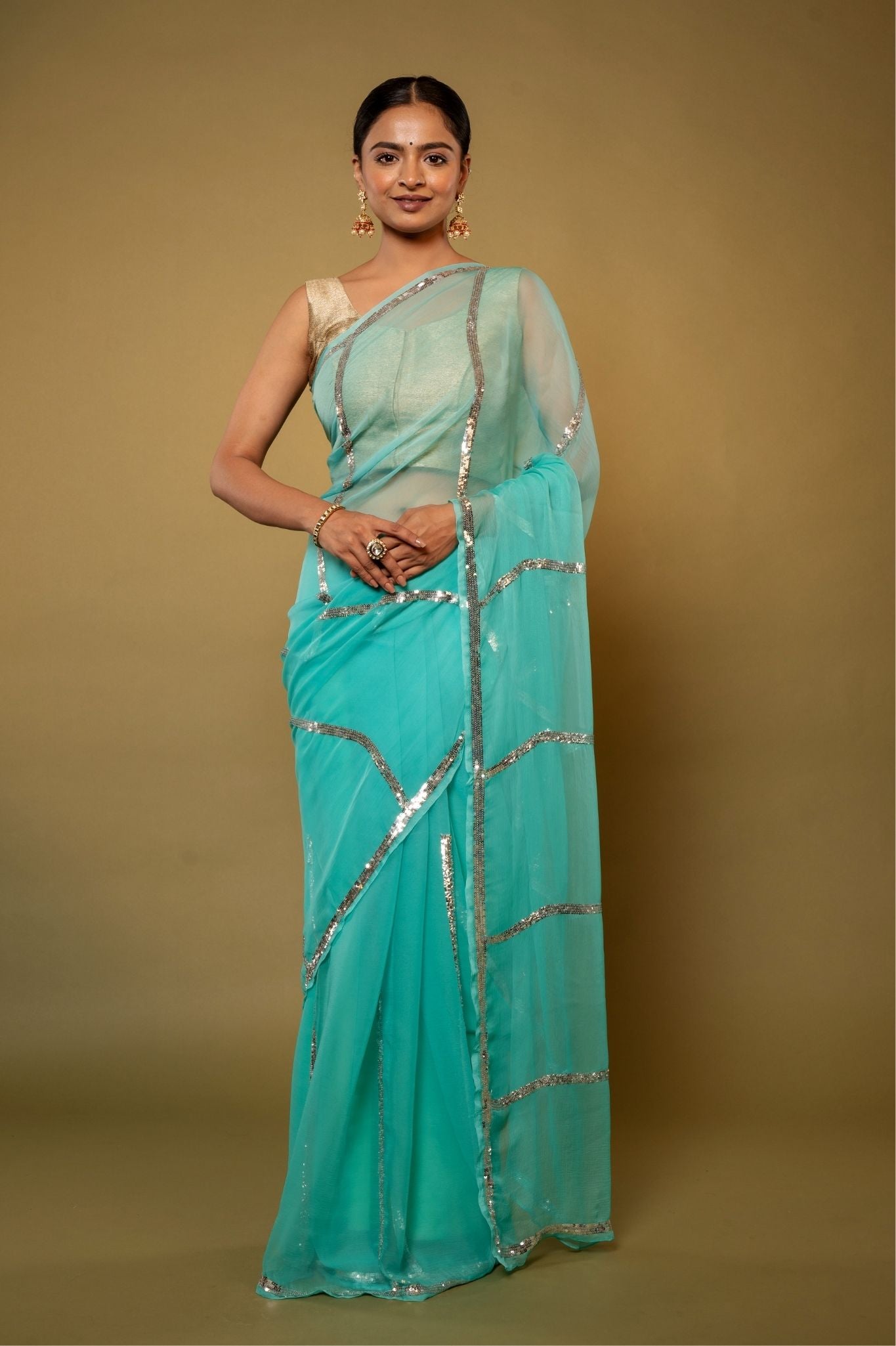 Sky blue Viscose Chiffon sequins handwork party wear saree