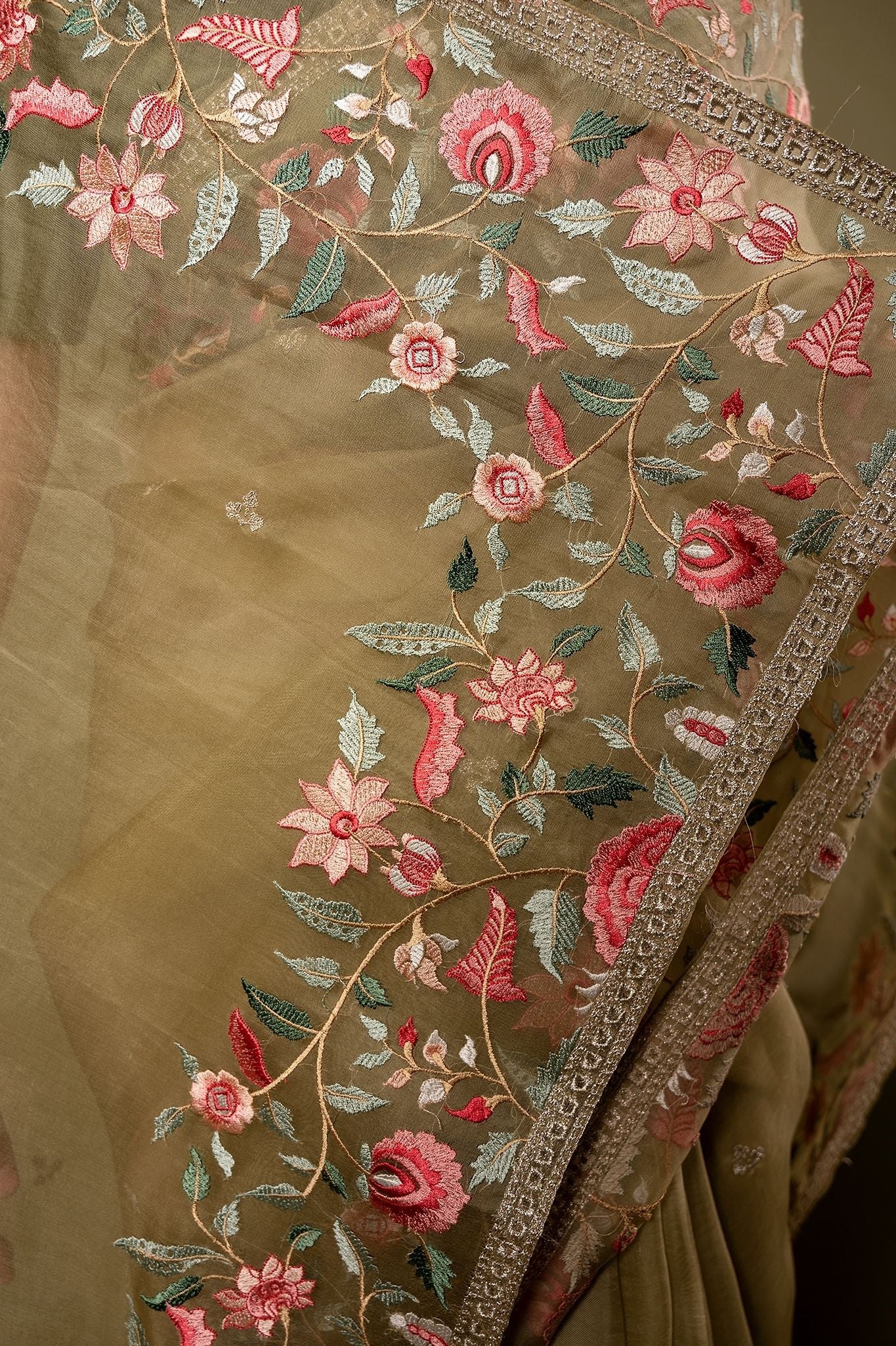 Beige Green Organza resham border butti handwork saree