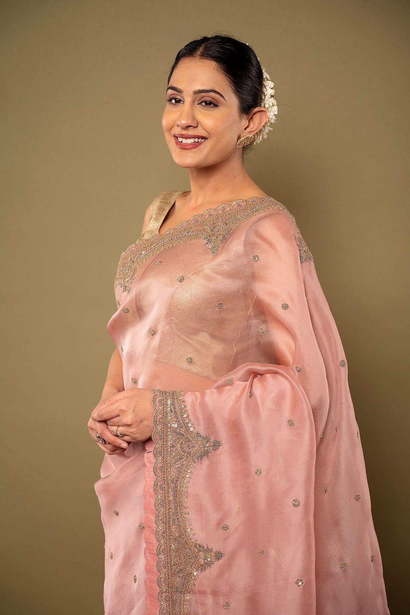 mate pink pure organza Dapka Marodi Border Butti handwork saree